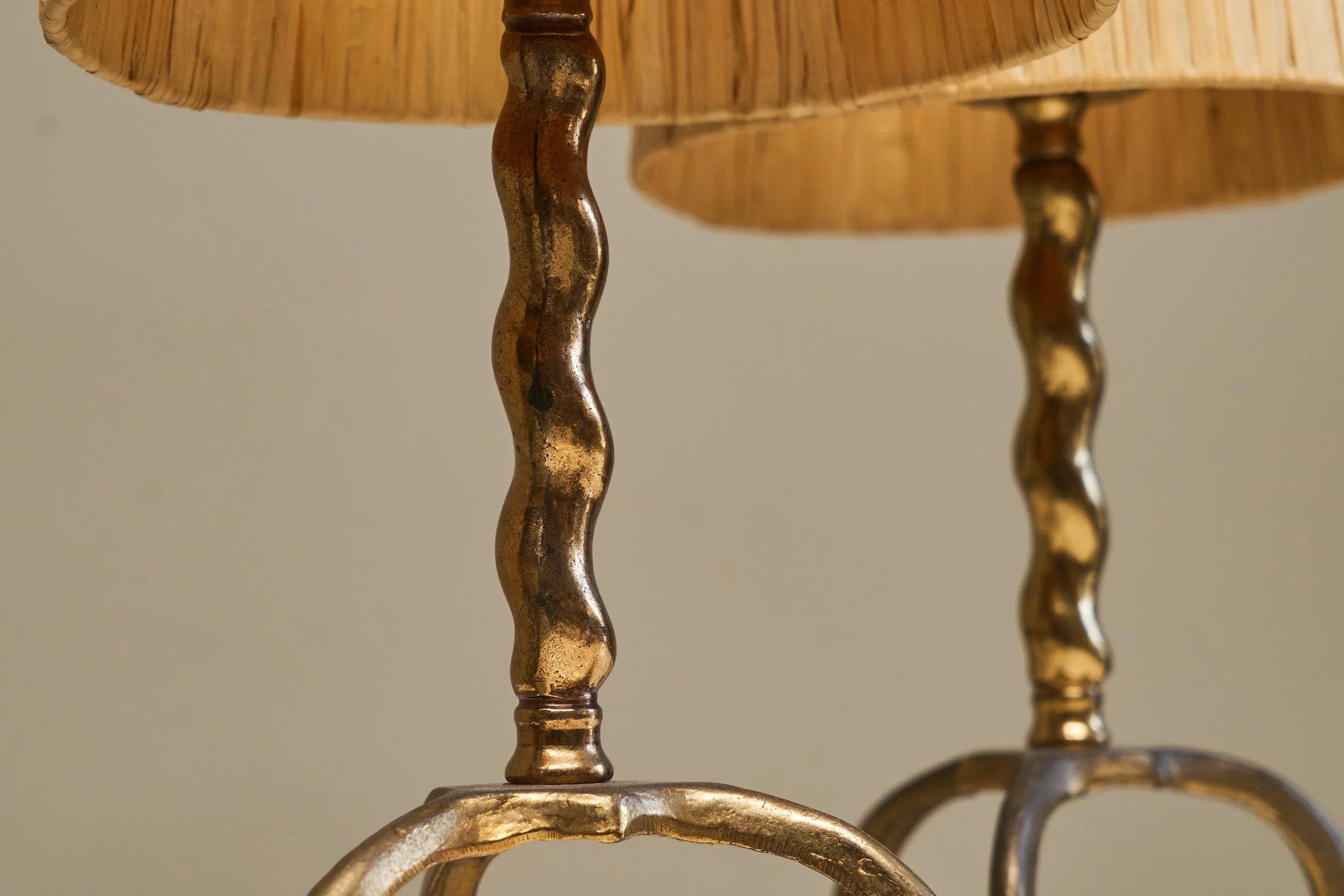 Wonderful Pair of Tripod Table Lamps in Patinated Sand Cast Brass with Raffia Shades — alternate view