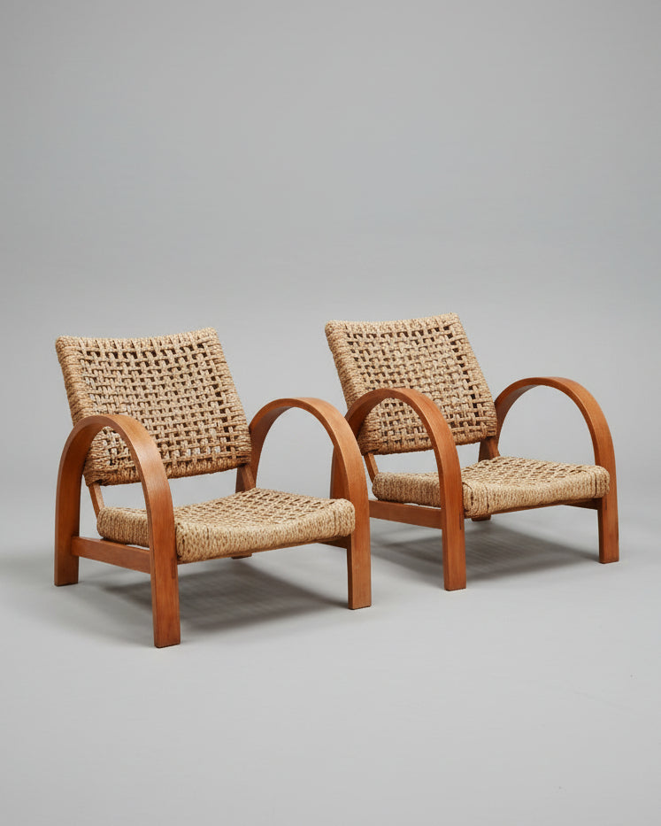 Pair of Rope Easy Chairs, France 1940's by Introverso | The Oblist — woven natural fiber, wooden frame