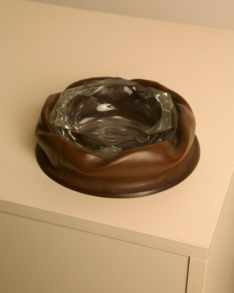Italian Octagonal Glass Ashtray with Brown Leather Trim, 1960s by Treaptyque | The Oblist — vintage glass and leather design