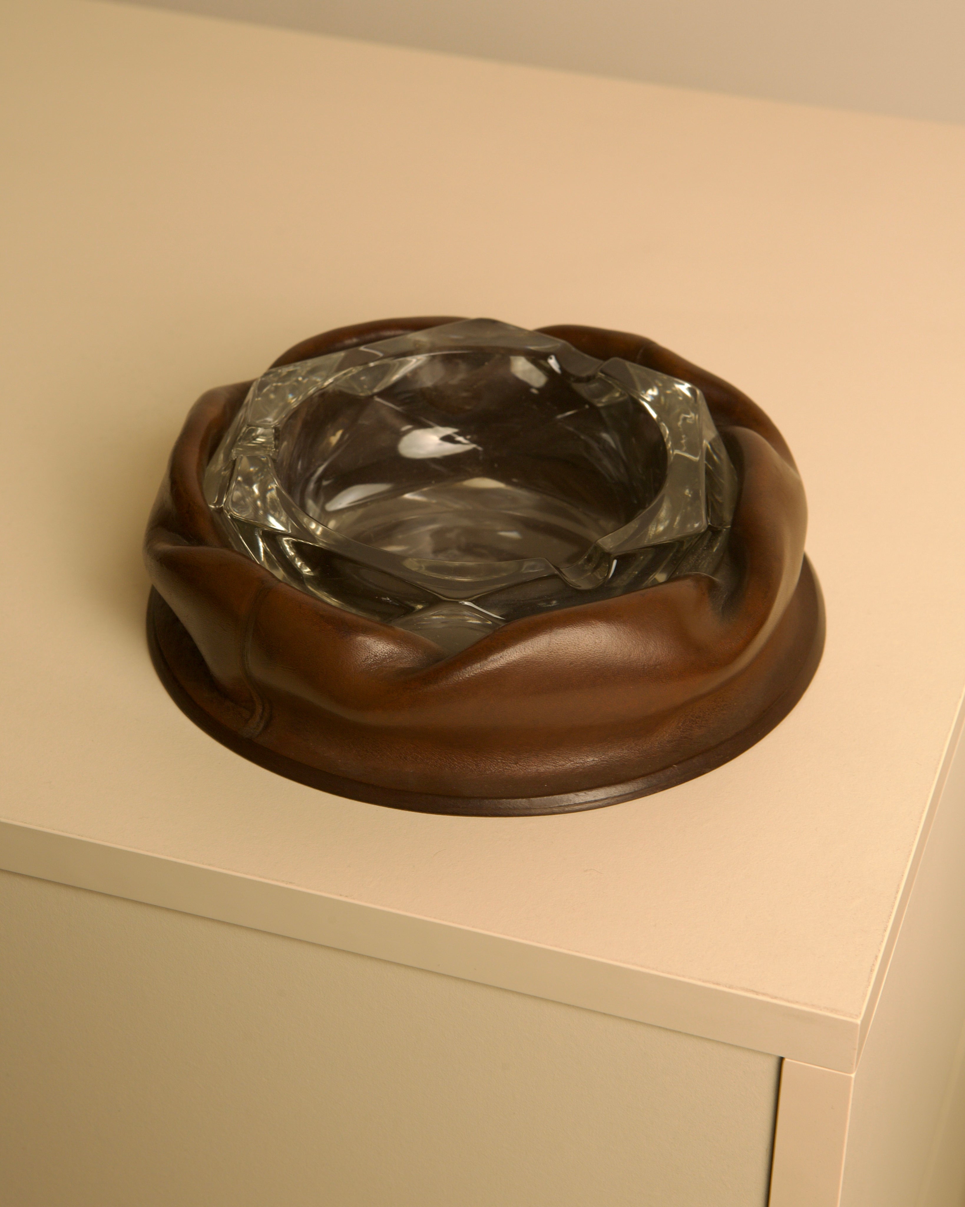 Italian Octagonal Glass Ashtray with Brown Leather Trim, 1960s by Treaptyque | The Oblist — vintage glass and leather design