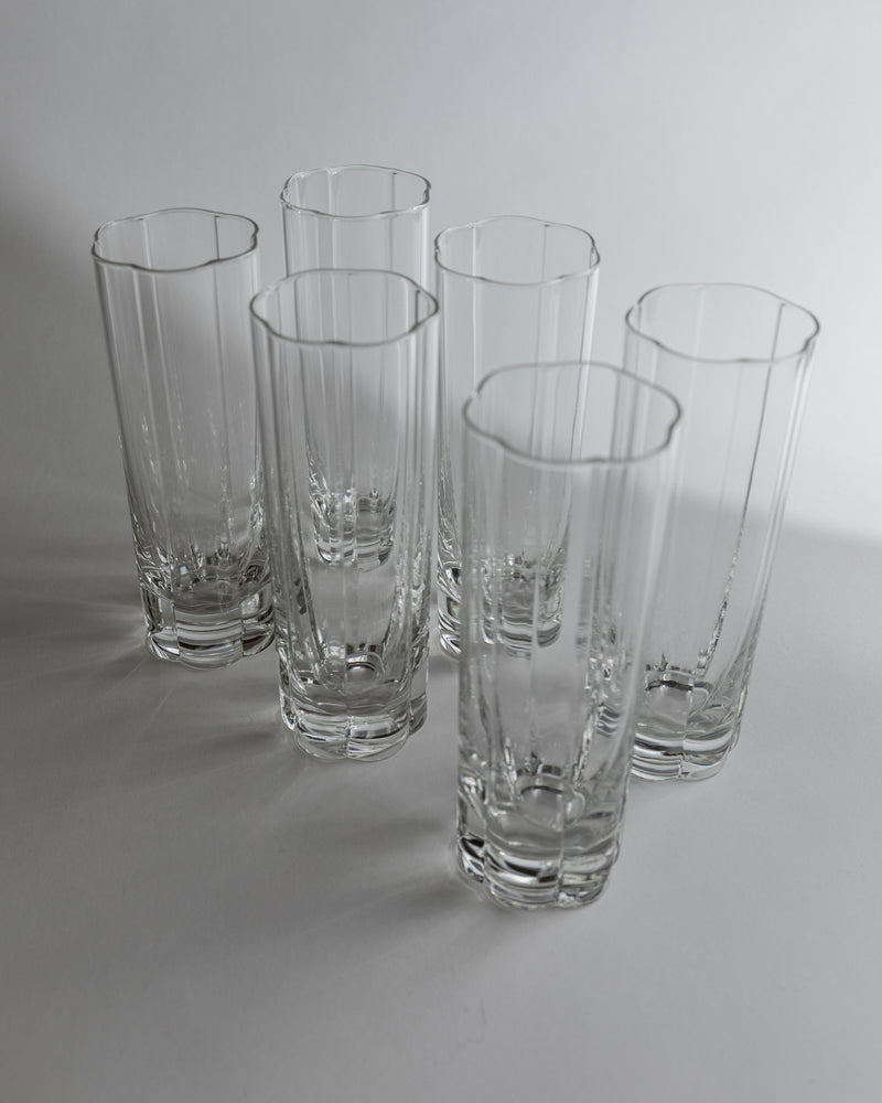 Set of six crystal drinking glasses with vertical ridged pattern, Italian 1980s