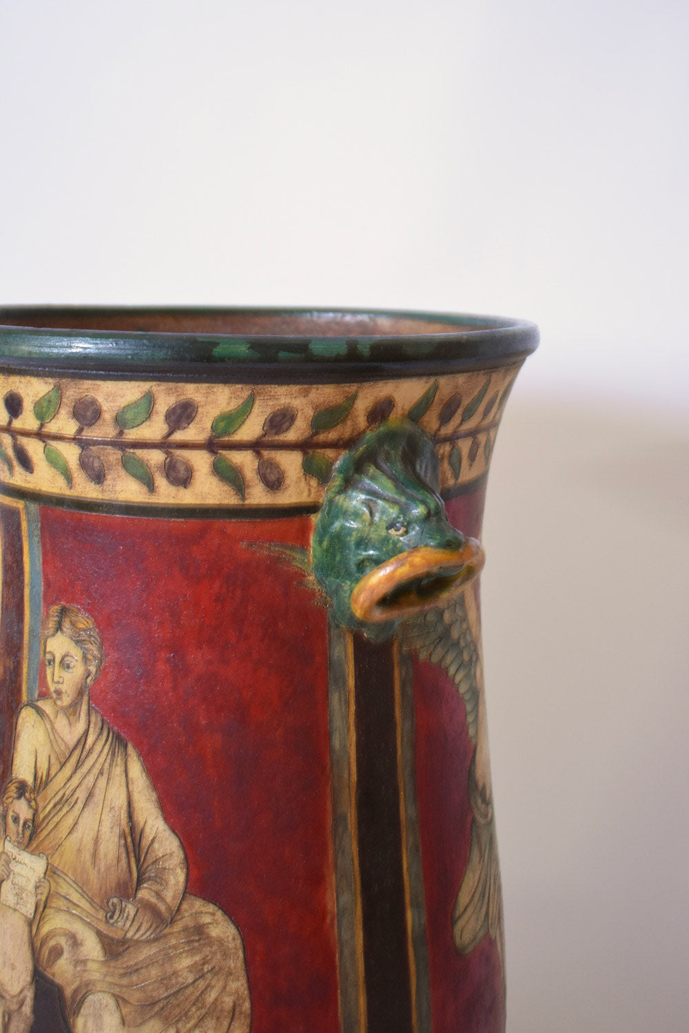 Neoclassical Polychrome Baluster Vase, 1970s — side view highlighting green fish handle