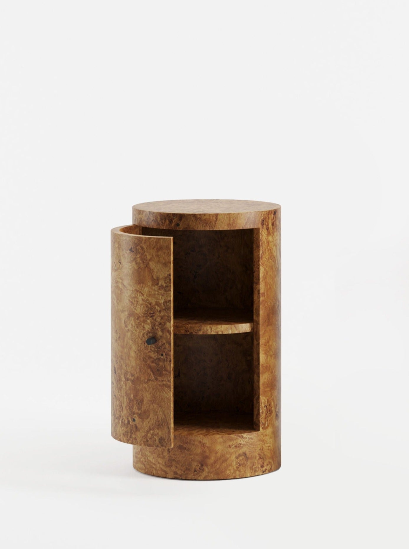 Pair of Constant Nightstand in Poplar Burl — front view with open door