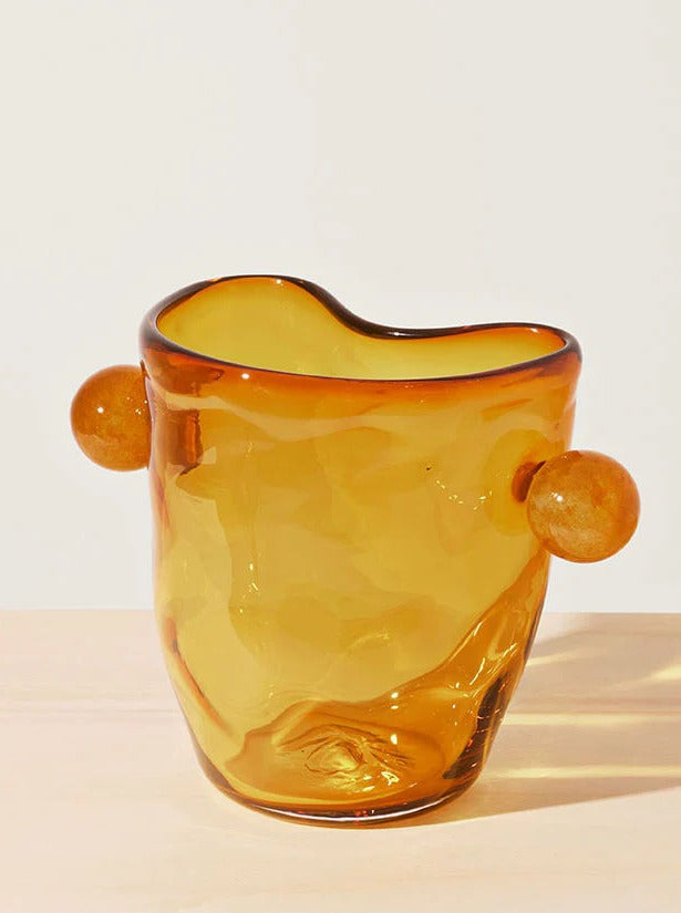 Mouthblown Oliver Vase — top view of amber glass with round handles