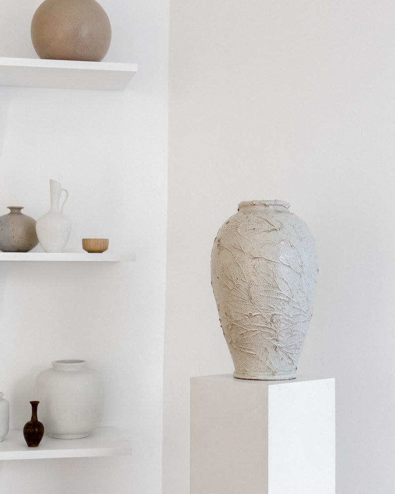 Large Textured Ceramic Vase, 1940s-50s Sweden — close-up of textured surface on display
