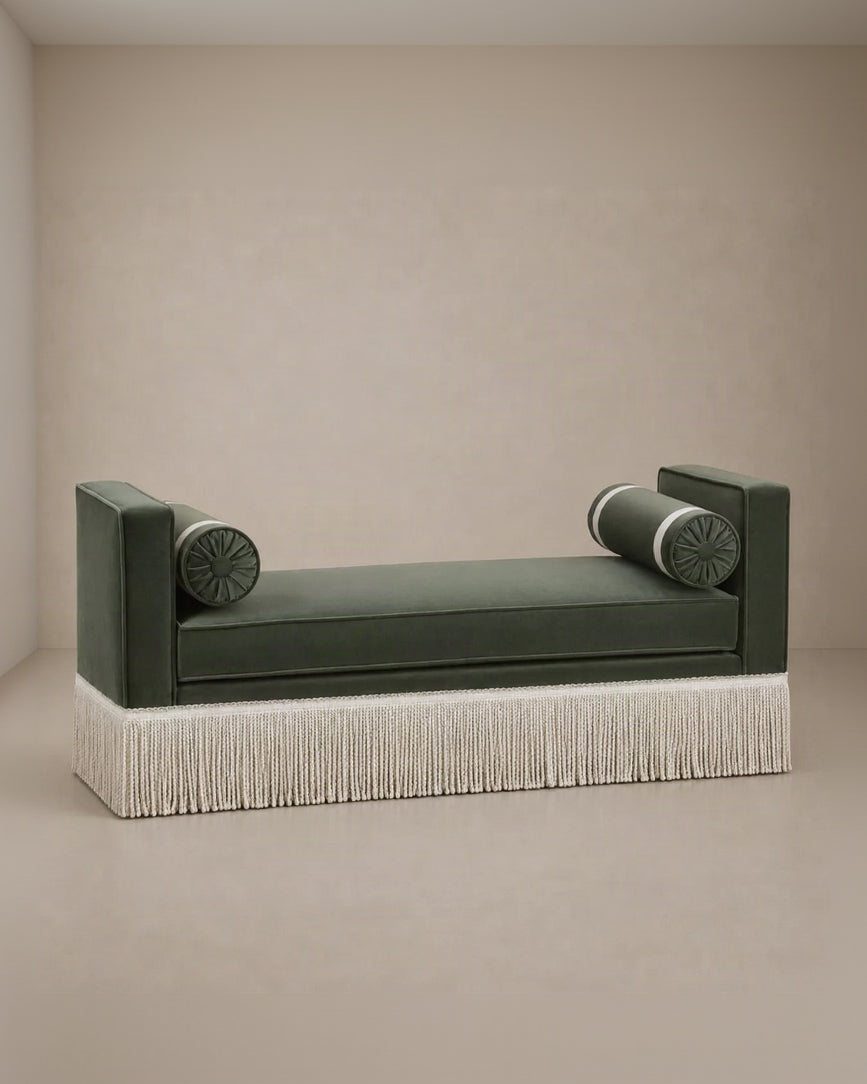 Julian Seat Bench - Green Velvet & Fringe by RIJD Interior | The Oblist