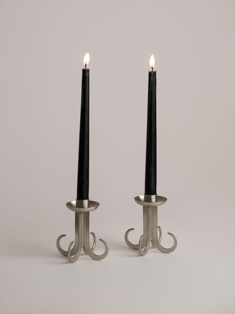 Architectural Steel Totem Candlesticks 1970s – Brutalist Sculptural Set of 2 — side angle