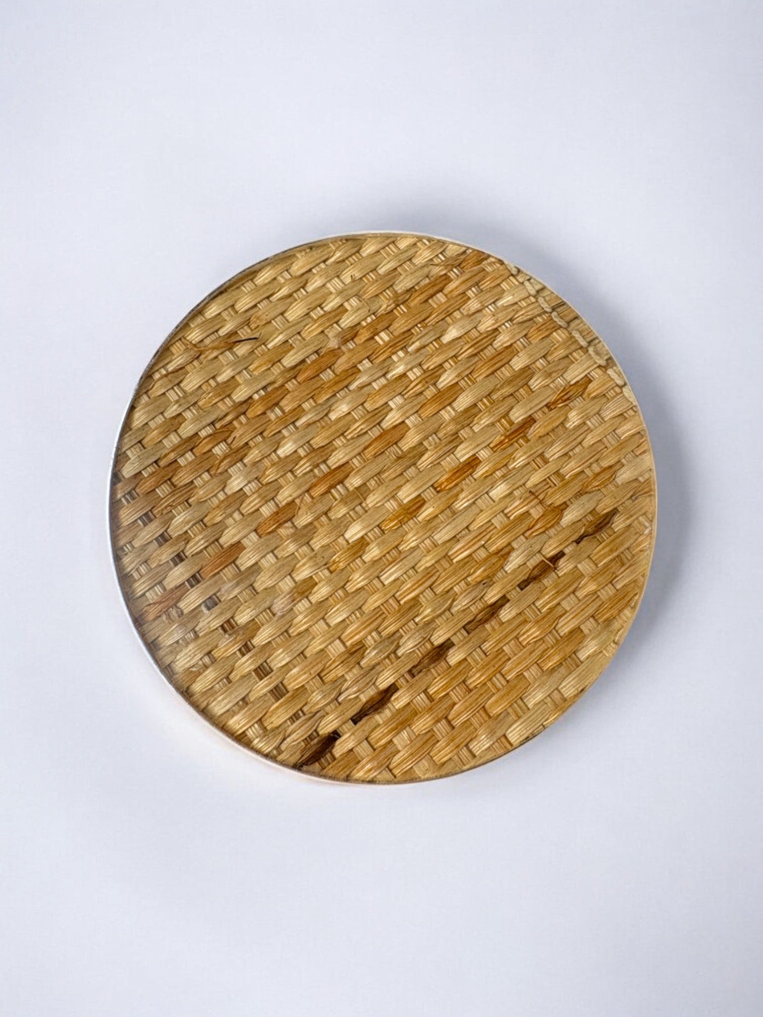 Christian Dior Style Lucite & Rattan Bottle Coaster, Italy, 1970's — top view of woven rattan surface
