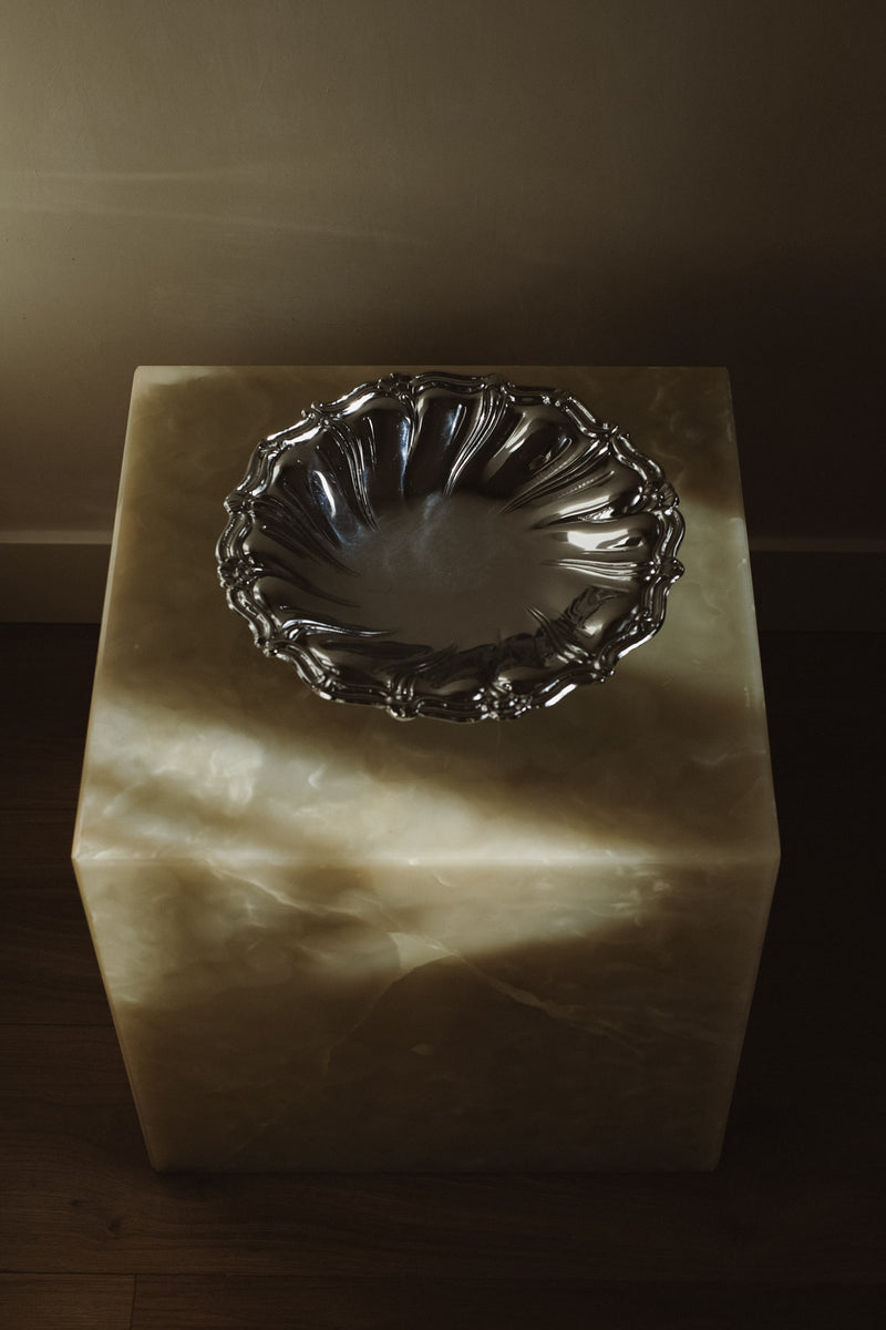 Italian Decorative Bowl — top view of silver bowl on marble pedestal
