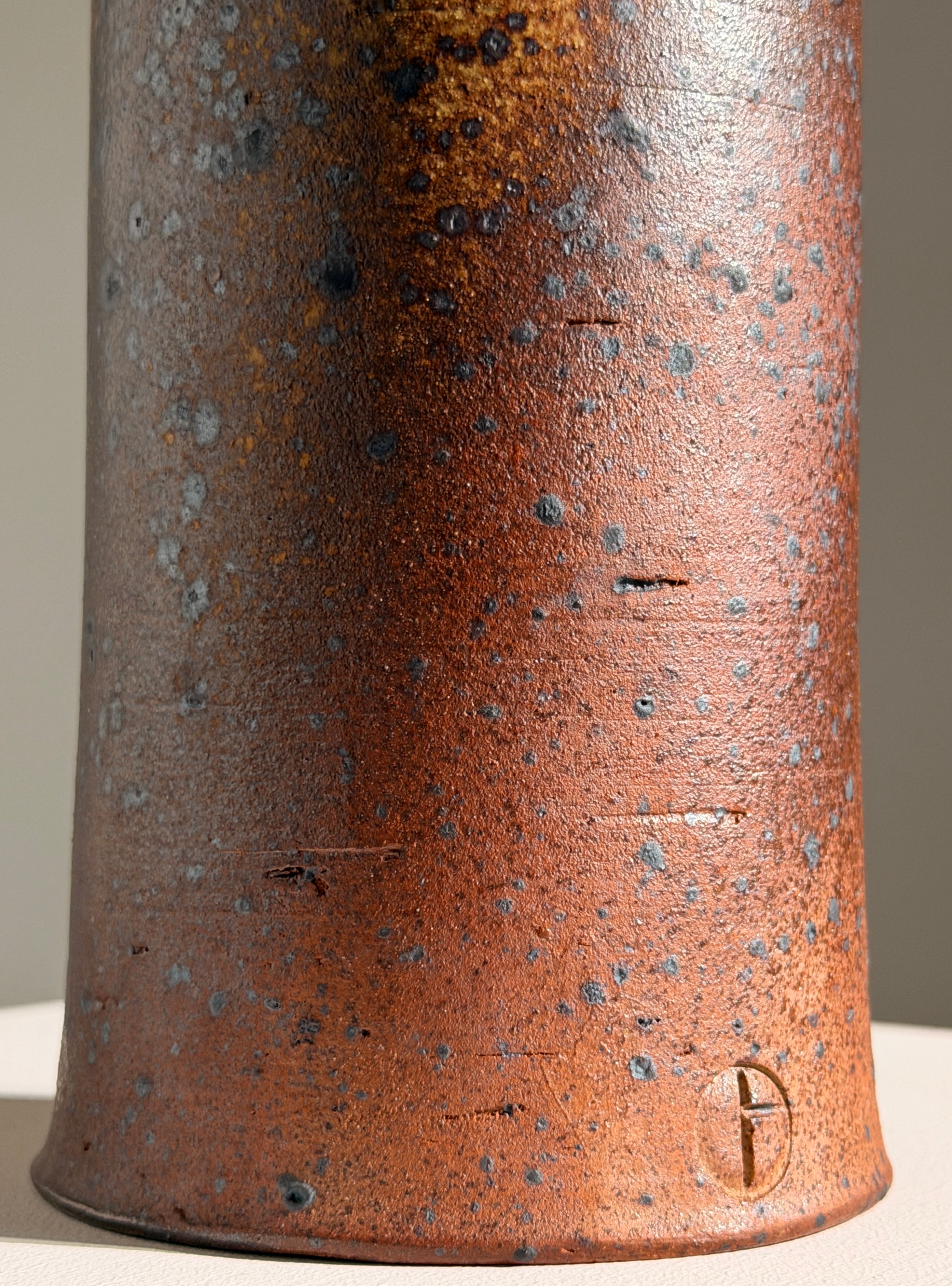 Stoneware cylindrical vase by Jacqueline Paul-Dauphin, La Borne, circa 1970 — lifestyle setting