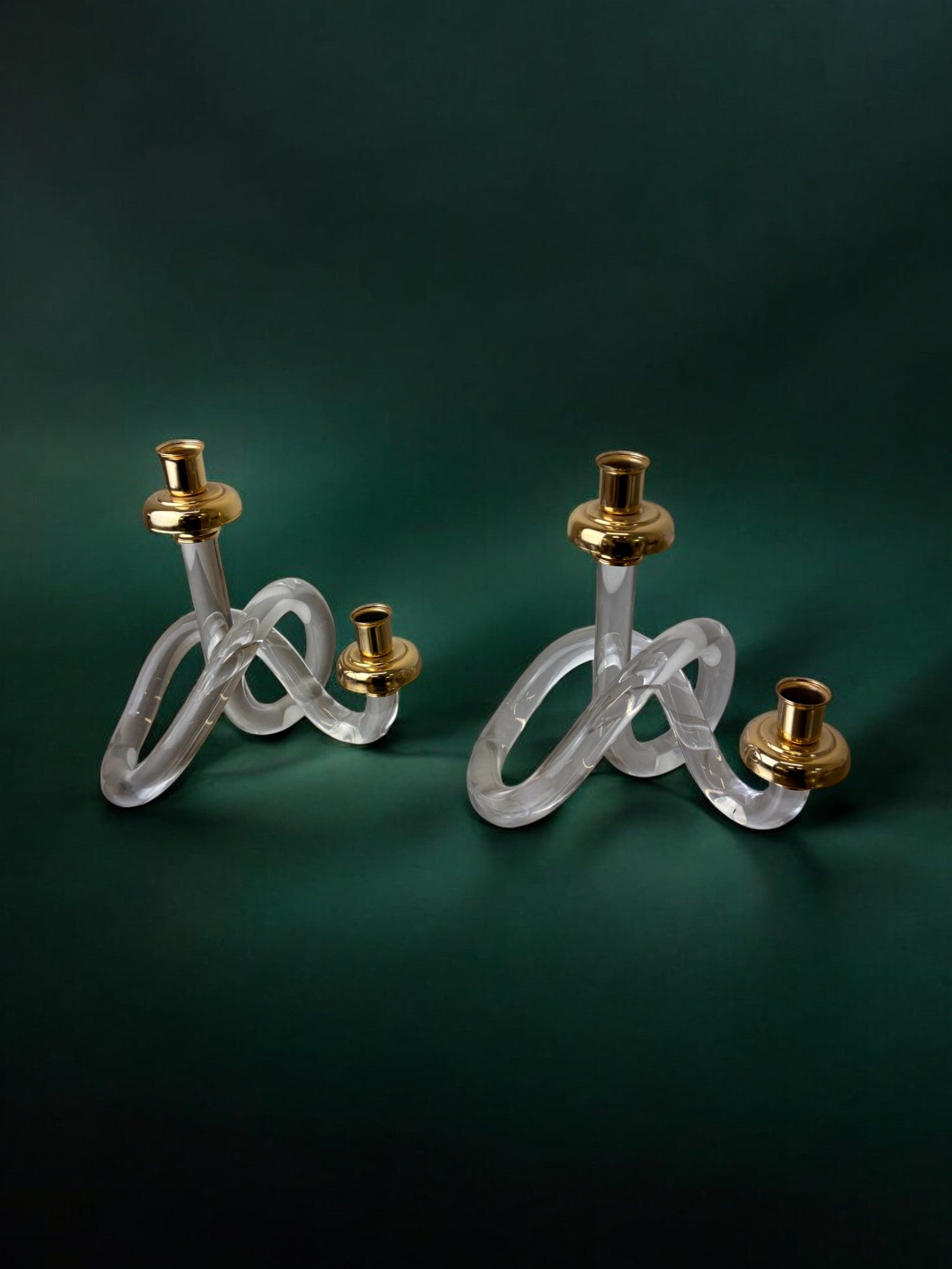 Pair of Pretzel Candleholders by Dorothy Thorpe, Circa 1970 — side angle on dark green backdrop