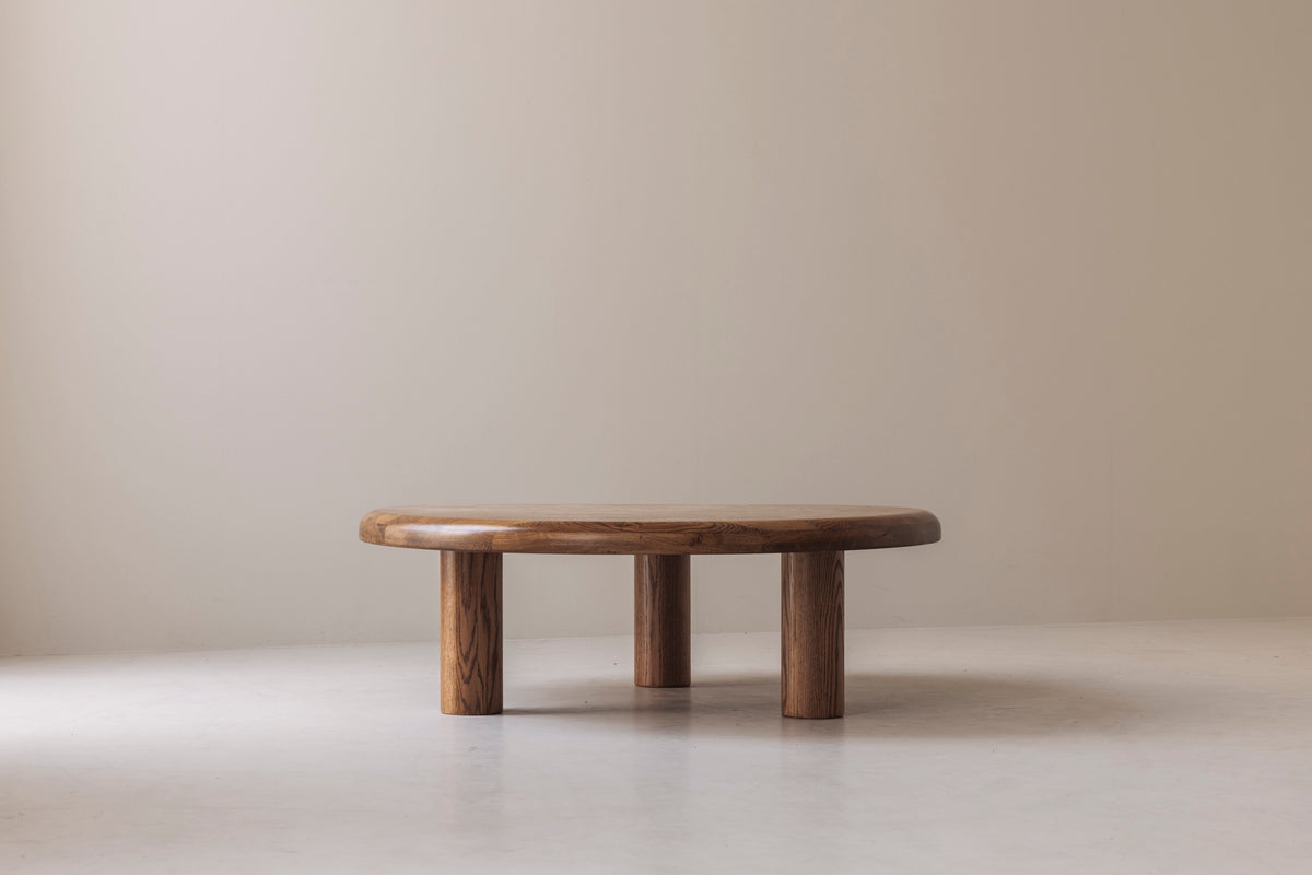 Sculptural Round Coffee Table in Solid Oak, France 1960s — in context