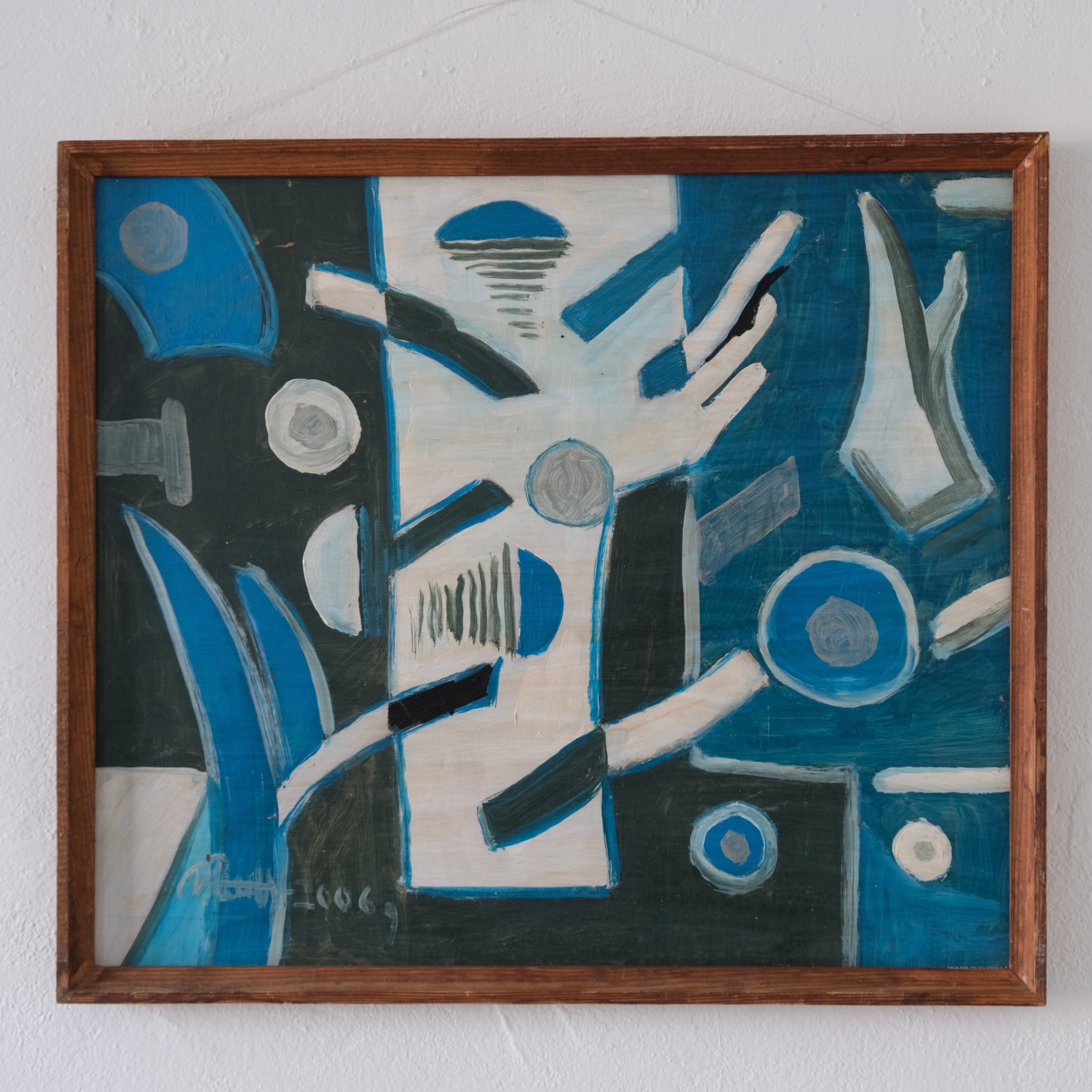 Uldis Rēdelis Blue Abstract Painting "Items", Latvia, 2006 — side angle showing blue tones and geometric shapes