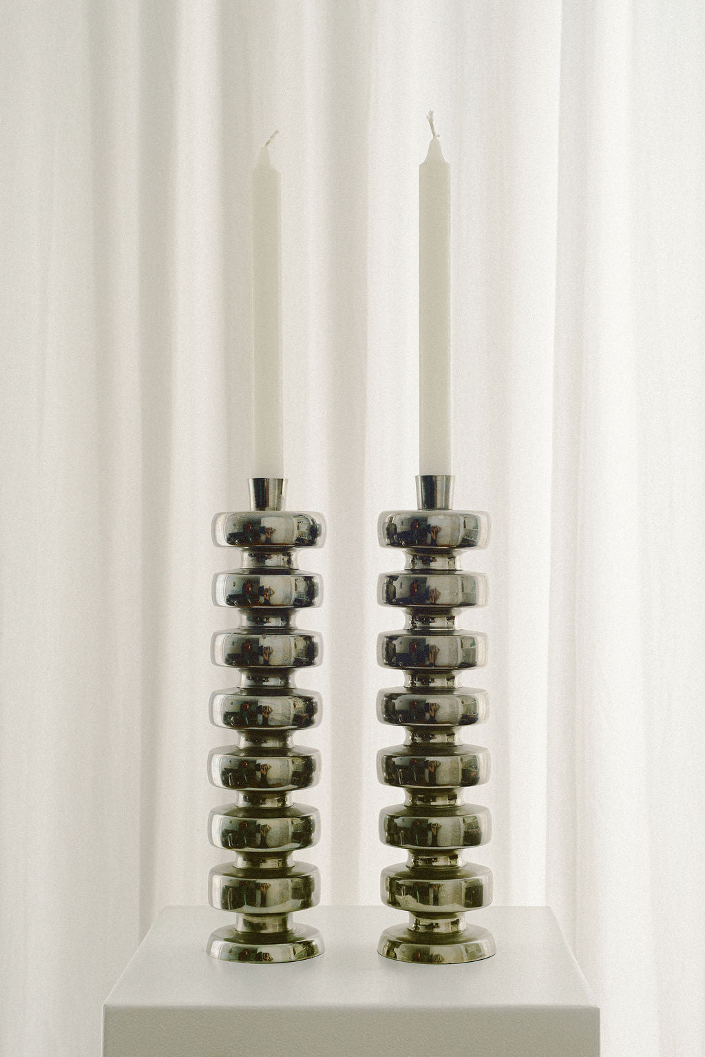 Vintage Polished Nickel Candle Holders — detail view