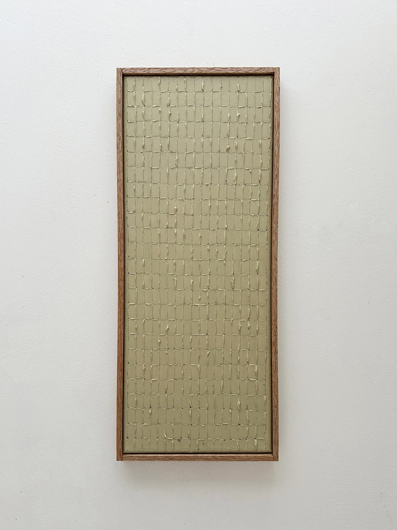 Buff Titanium abstract painting with textured grid pattern by Roi Elmaliah