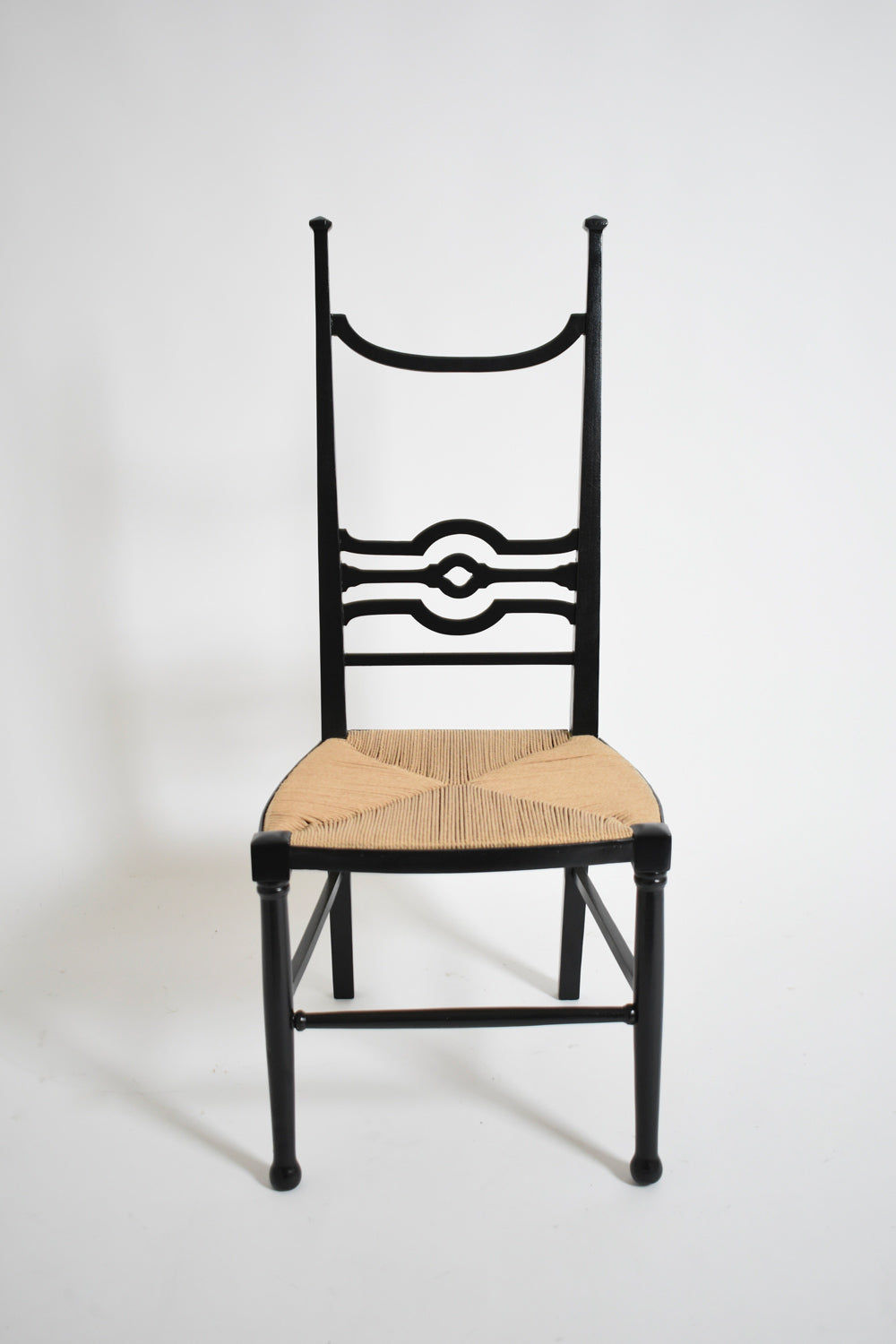 Arts & Crafts Ebonised Wood Chair, 1900s — front view highlighting woven seat detail