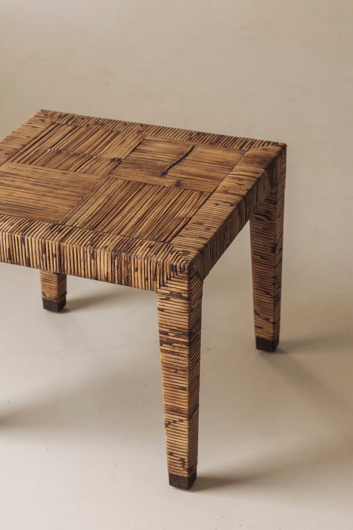 Exceptional French Rattan Wrapped Side Tables, 1970s — Pair — lifestyle setting