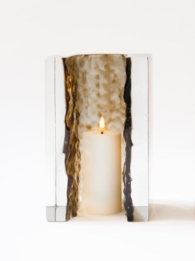 Brutalism Candle Holders in Glass - GEODA Collection — close-up of glass holder with candle