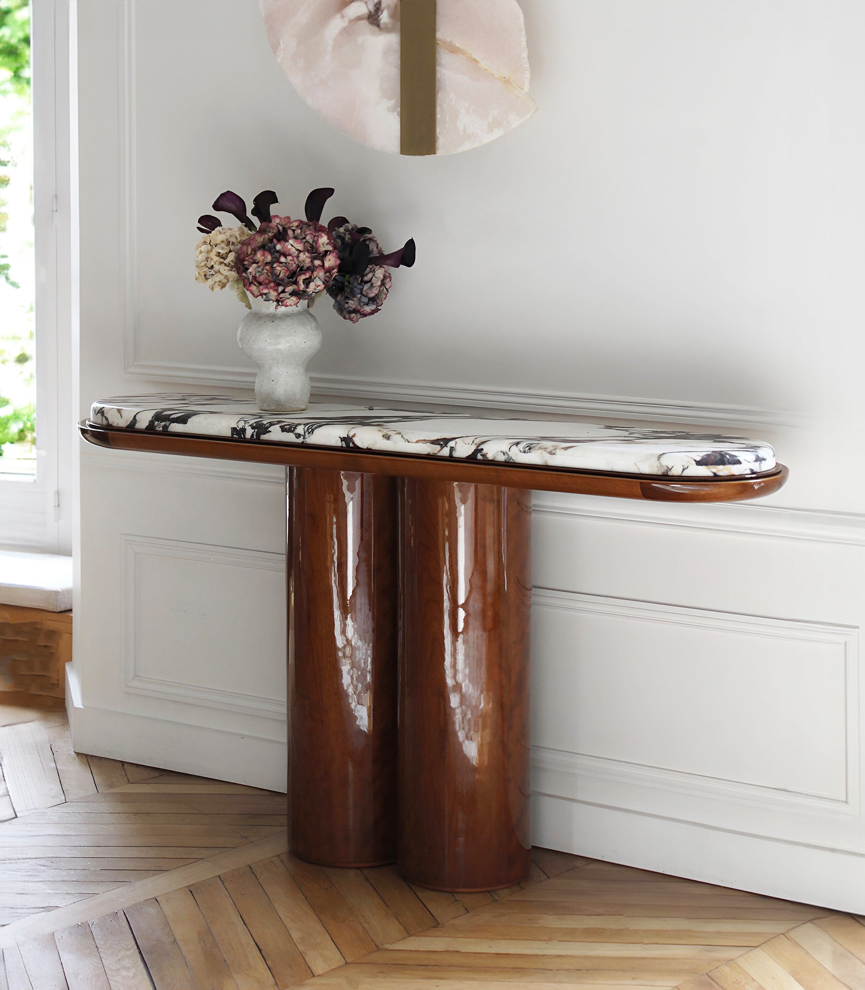 Ida Wood And Calacatta Viola Marble Console — side angle showing curved wooden base and marble top