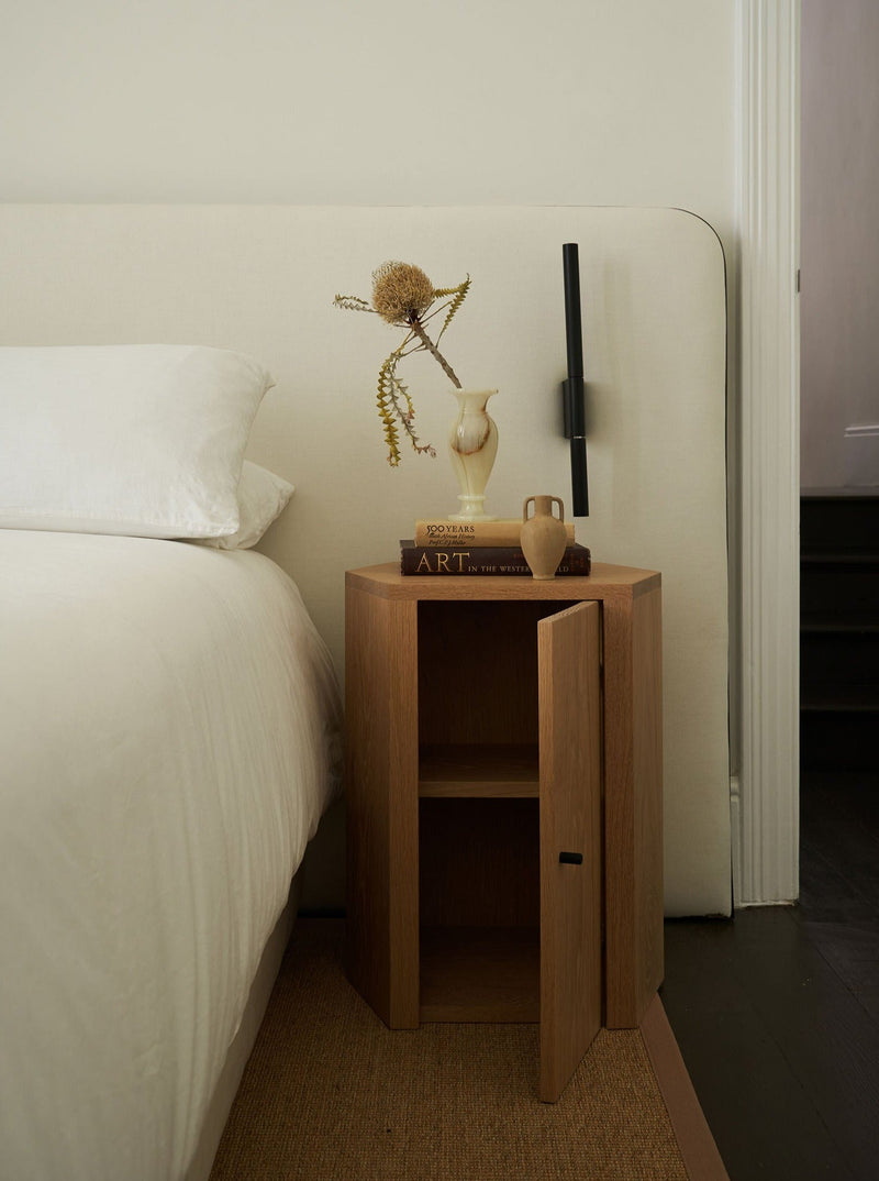 Pair of Park Night Stands in Oiled Oak — close-up of nightstand with open storage
