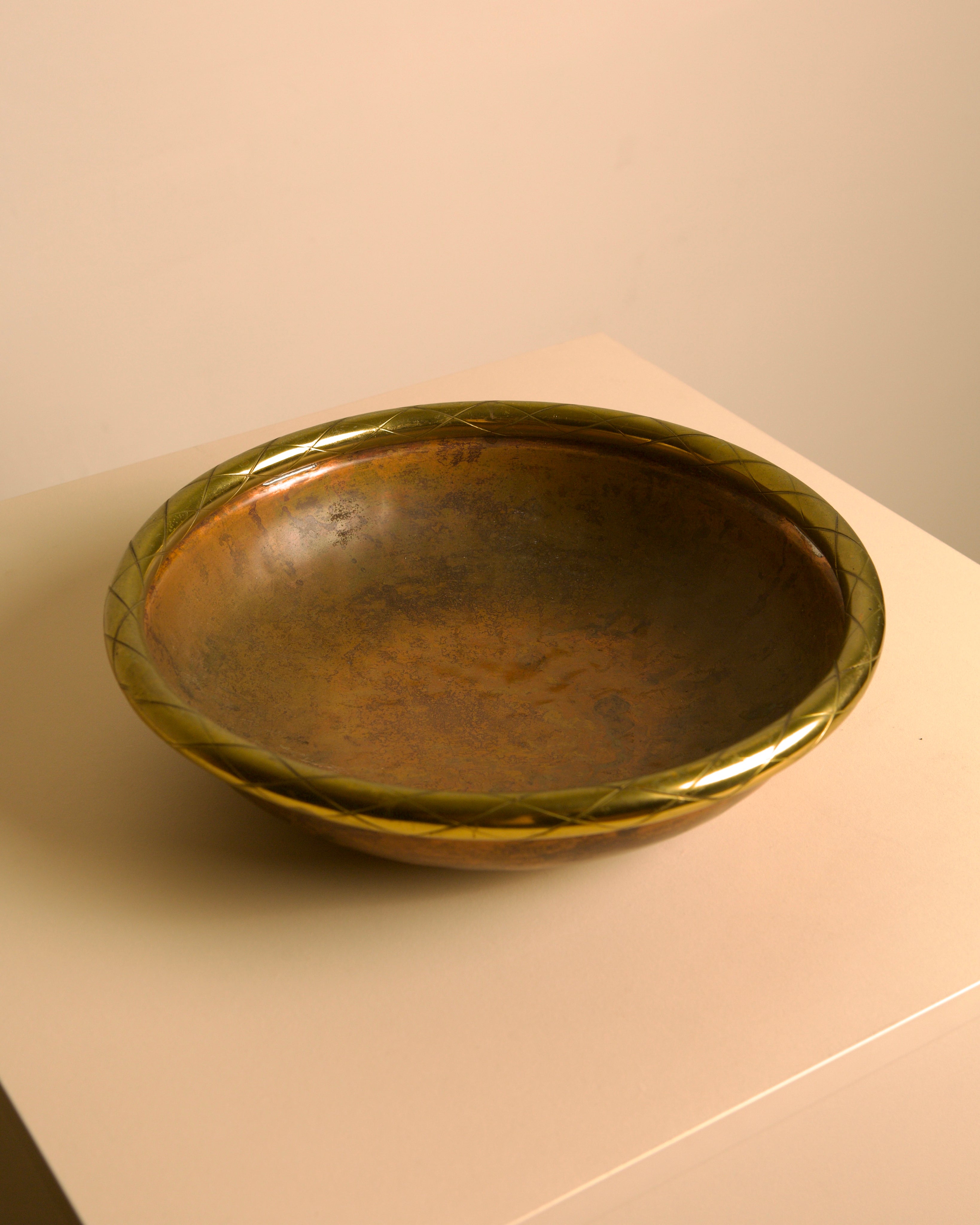 Large Italian Patinated Copper & Engraved Brass Bowl / Catchall, 1960s — side angle