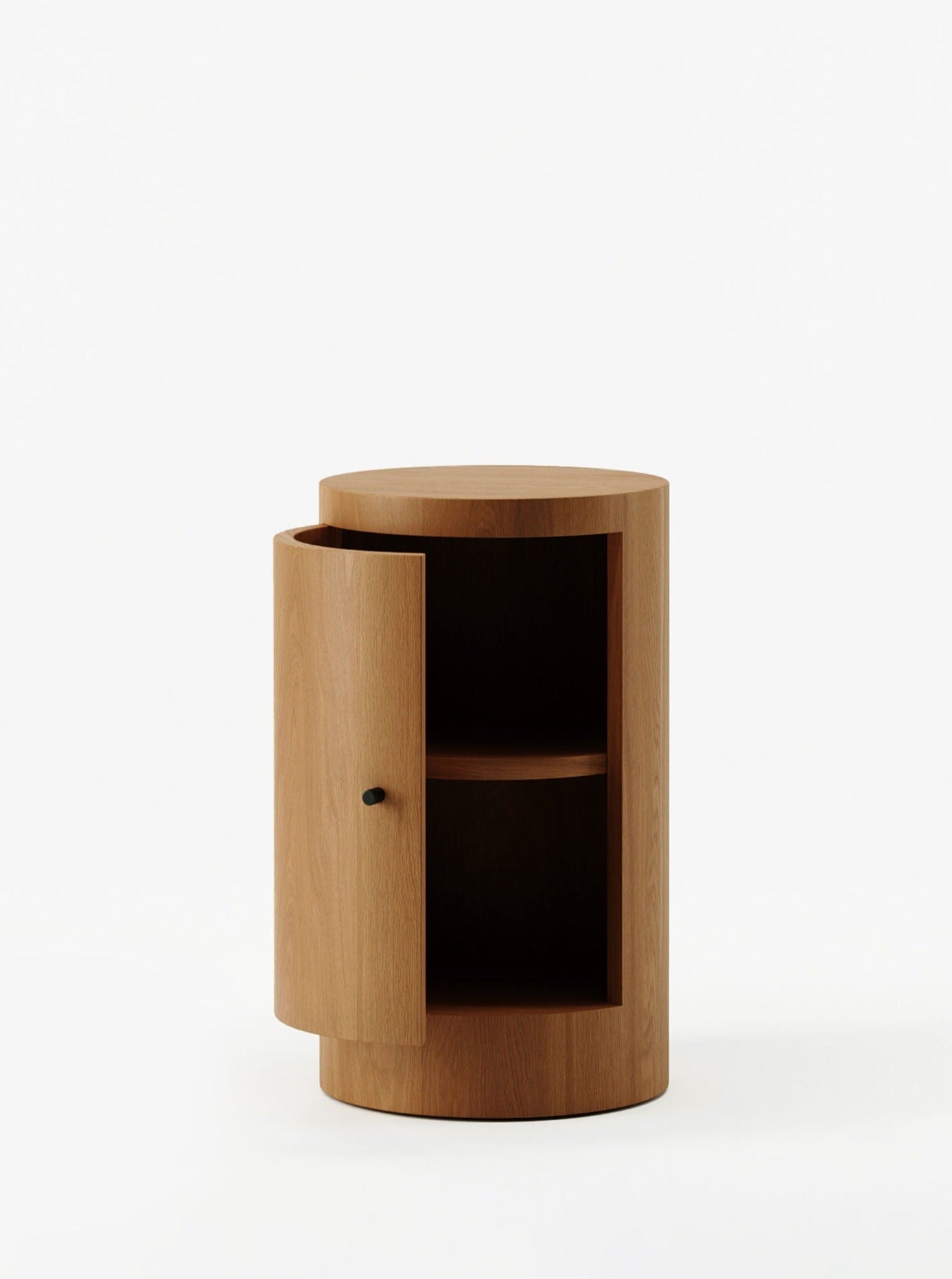 Pair of Constant Nightstand in Oiled Iroko — back view showing rounded design and open door