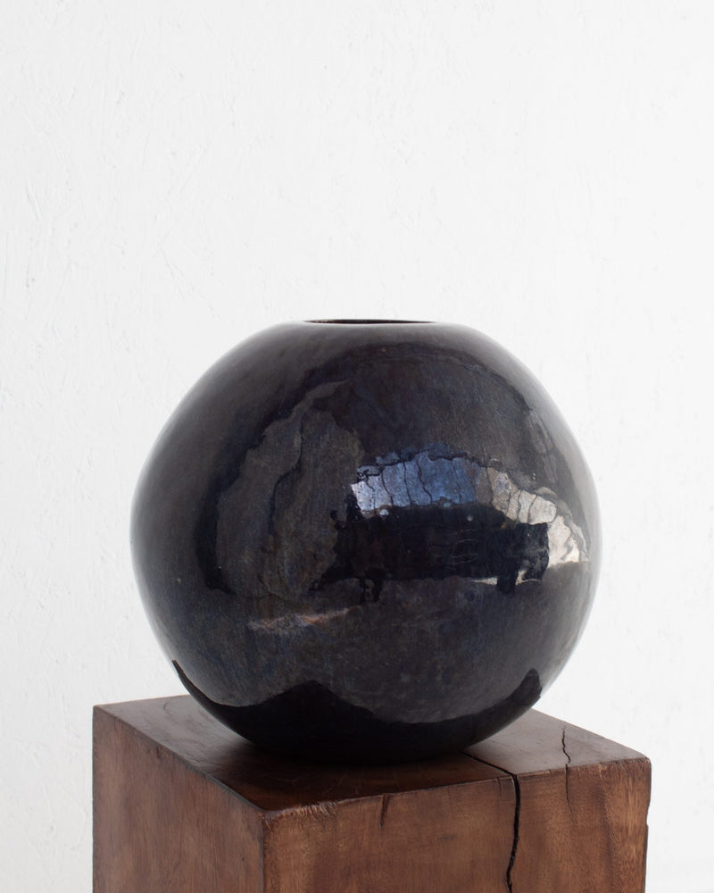 Vintage Spherical Ceramic Vase by Malata Antwerp | The Oblist — handcrafted black ceramic