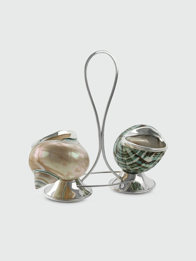 Salt and Pepper Holders — close-up of iridescent shell design
