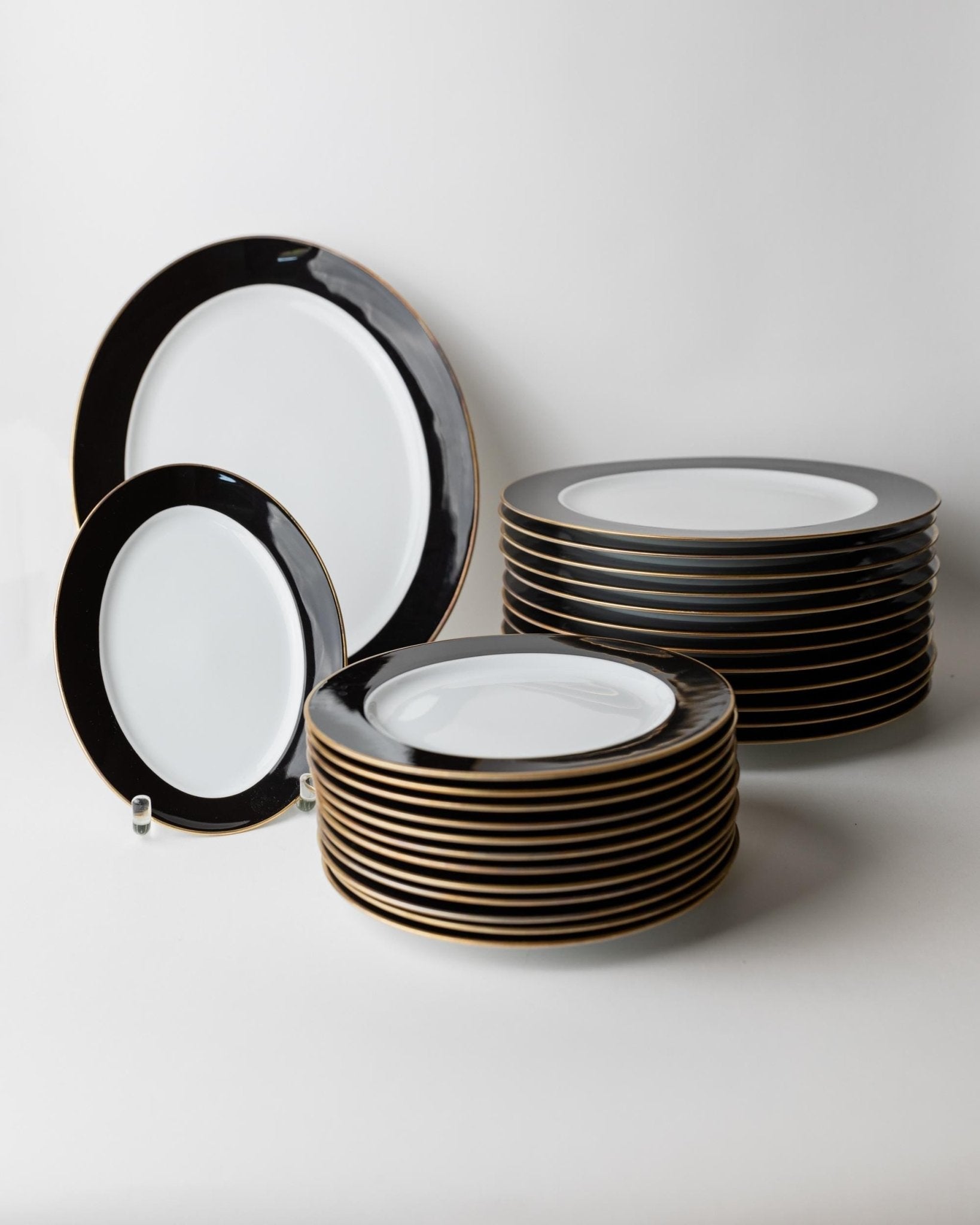 Vintage 1980s Porcelain Dinnerware Set for 12, Black White with Gold Rim by Eschenbach Bavaria Germany, Classic Elegant Tableware, Gift Idea — additional view