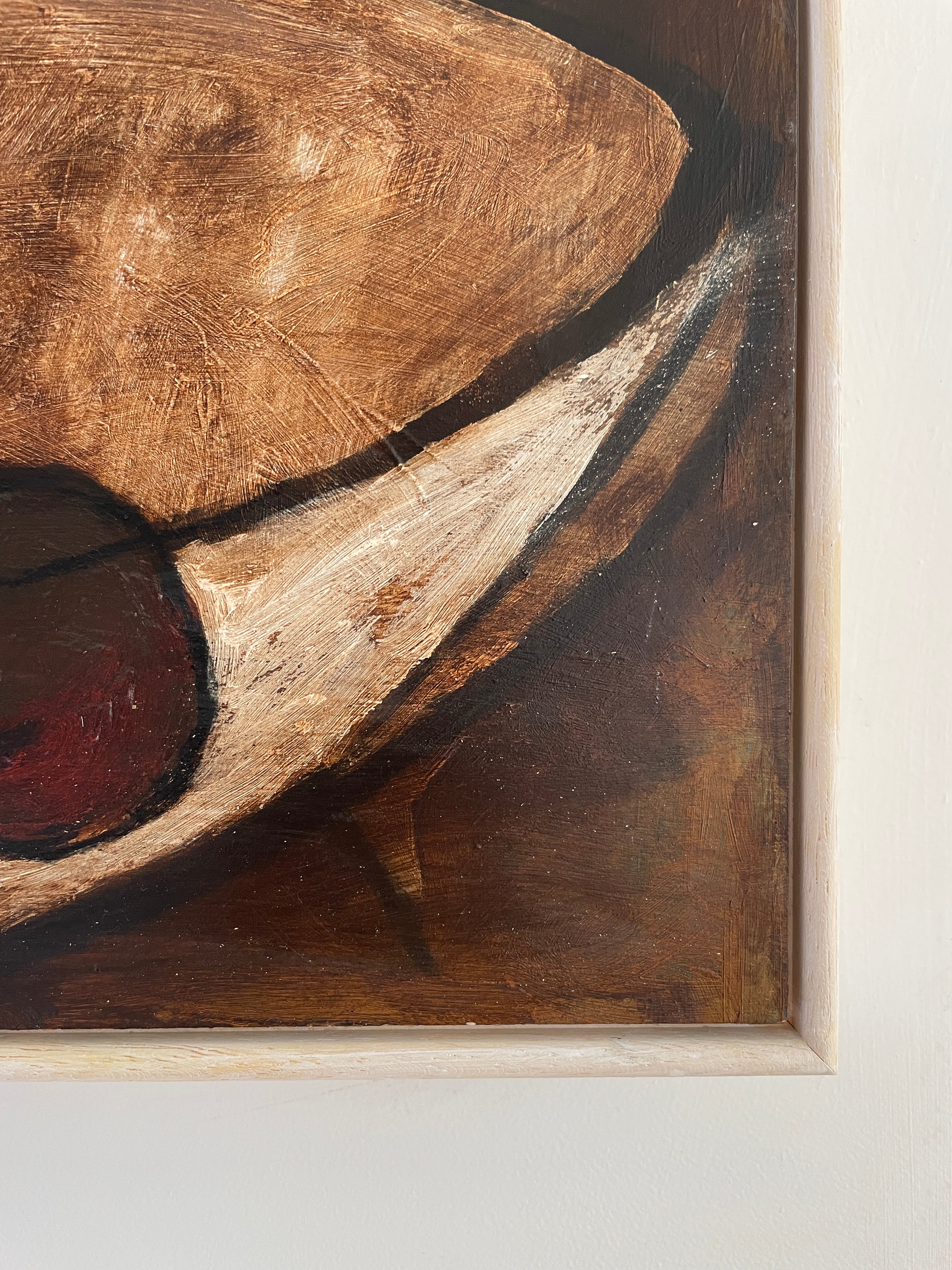 Five Plums Original Painting — side angle showing textured brown surface