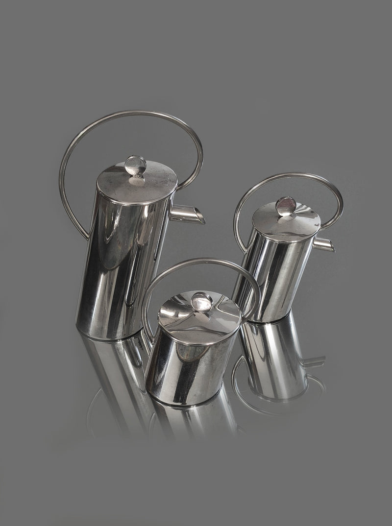 Three-piece silver-plated Italian coffee set with sleek cylindrical design