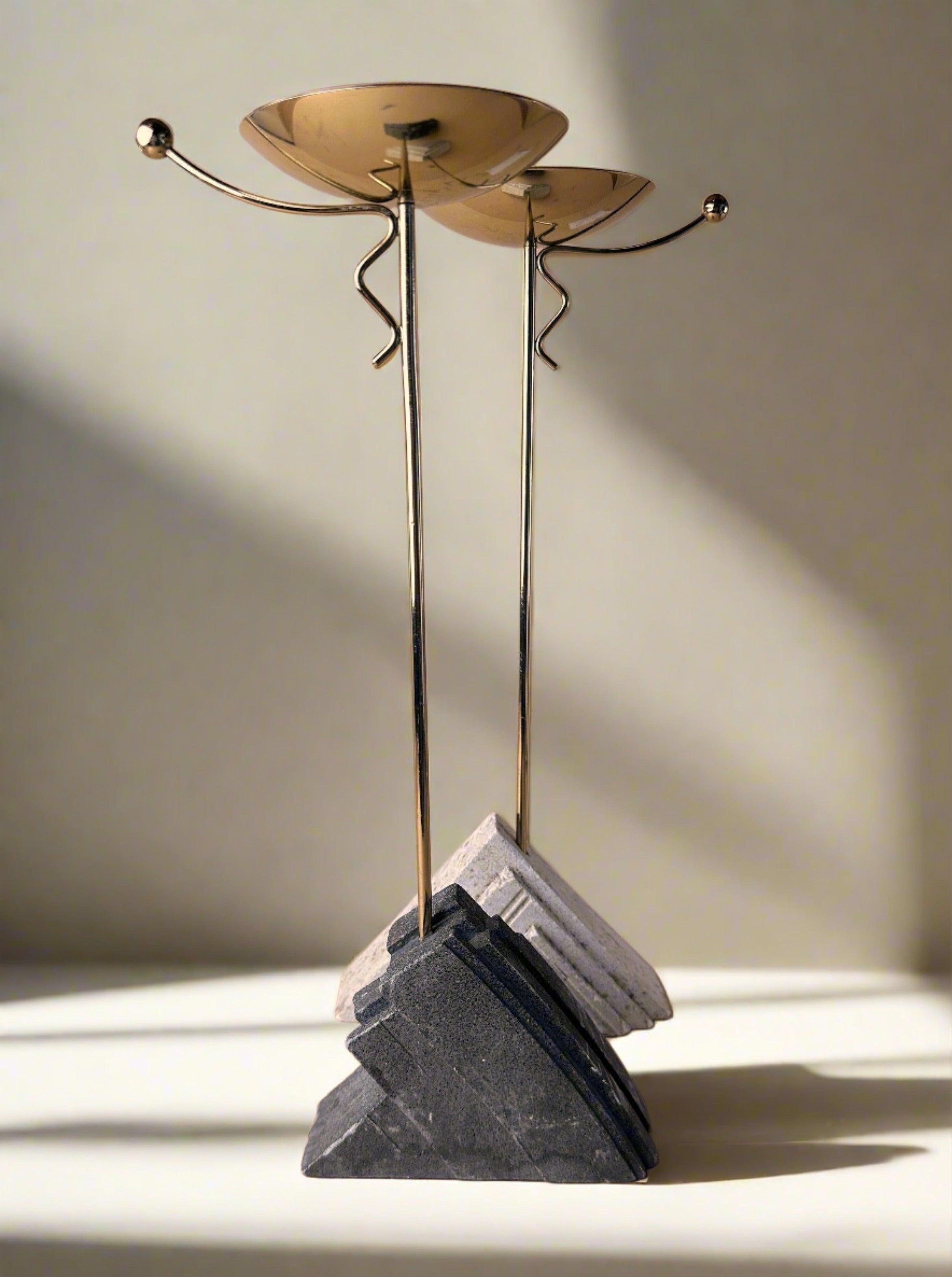 Art Deco Revival brass candlesticks with marble geometric base