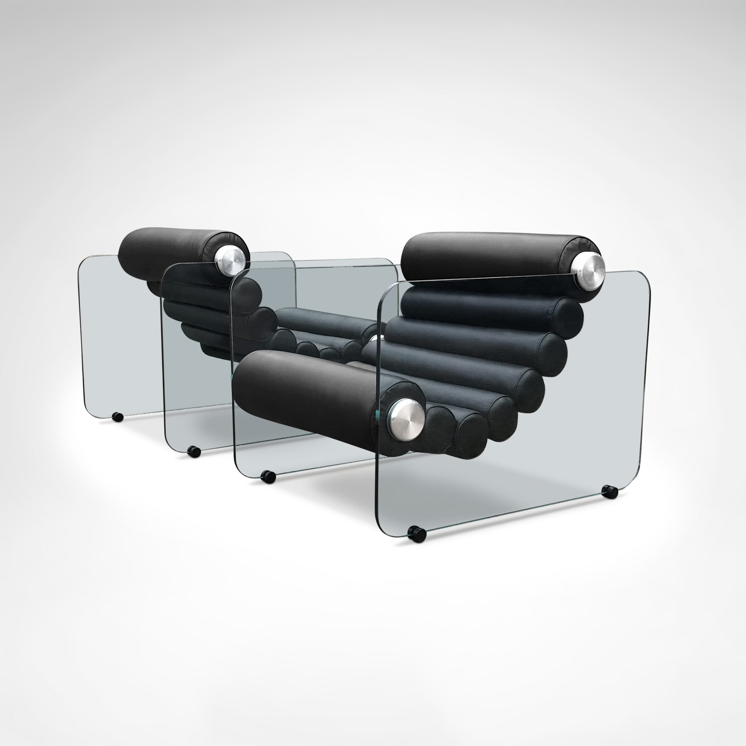 Hyaline leather and glass armchair by Fabio Lenci for Comfortline Italy 1960s, set of 2 — angled view highlighting glass stru