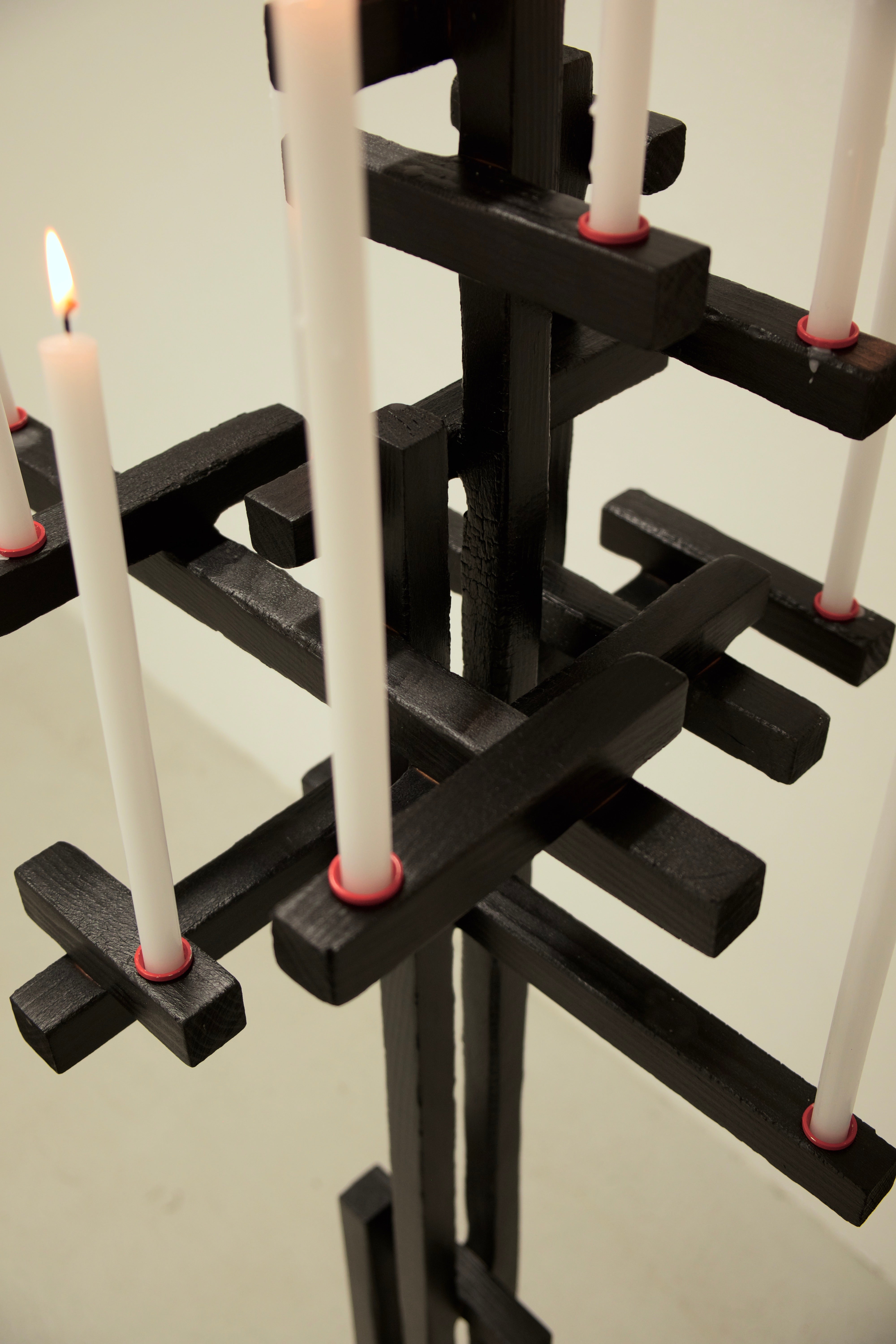 TETRIS CANDELABRUM — top view of black wooden candle holder