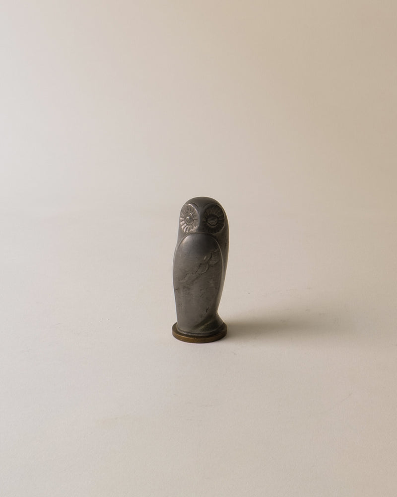 Vintage pewter owl stamp from 1930s with brass base
