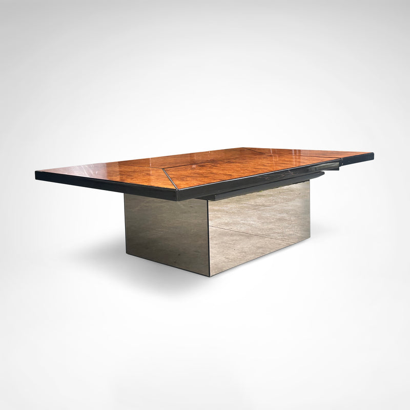 Burl wood coffee table with bar by Paul Michel for Roche Bobois 1980s — angled view highlighting polished surface and base