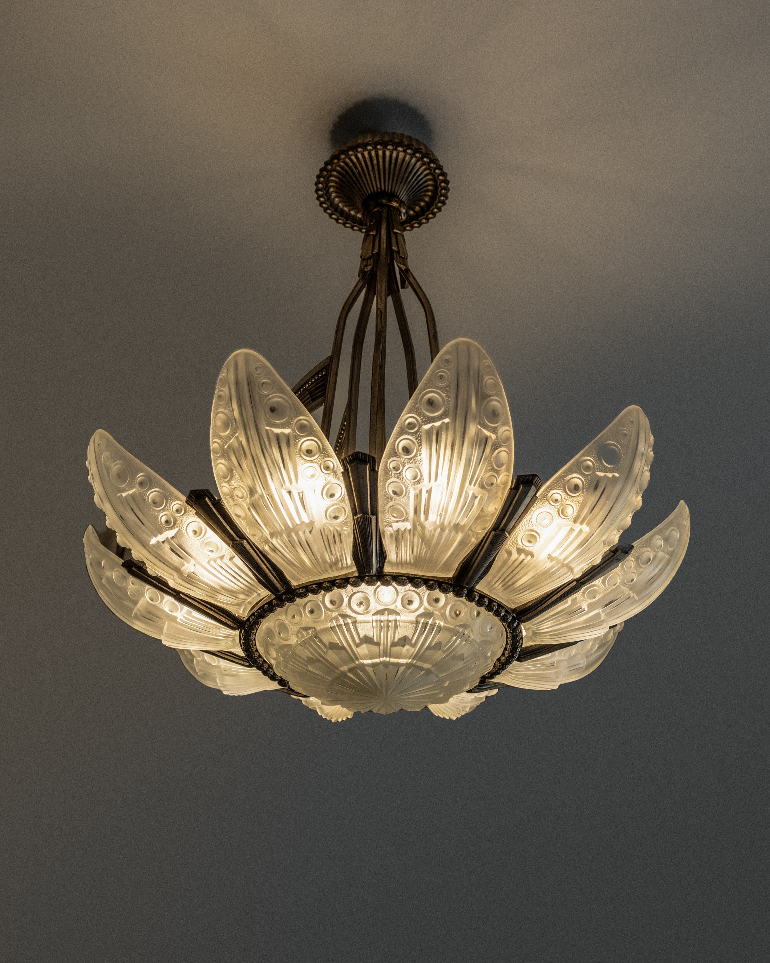 1930s Art Deco chandelier with frosted glass petals by Georges Leleu