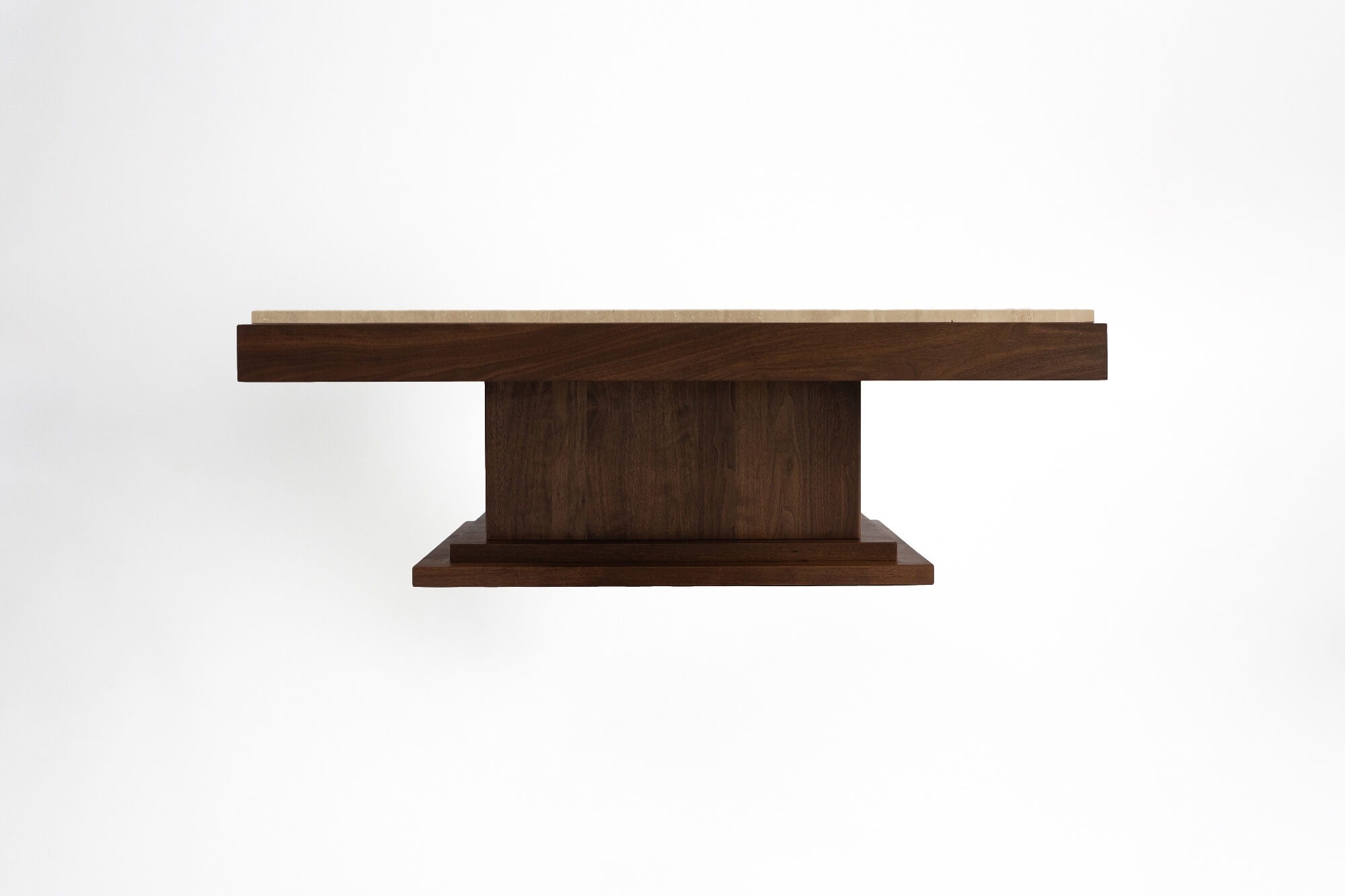 Sofa Table 01 Walnut Wood and Travertine — back view highlighting wood grain