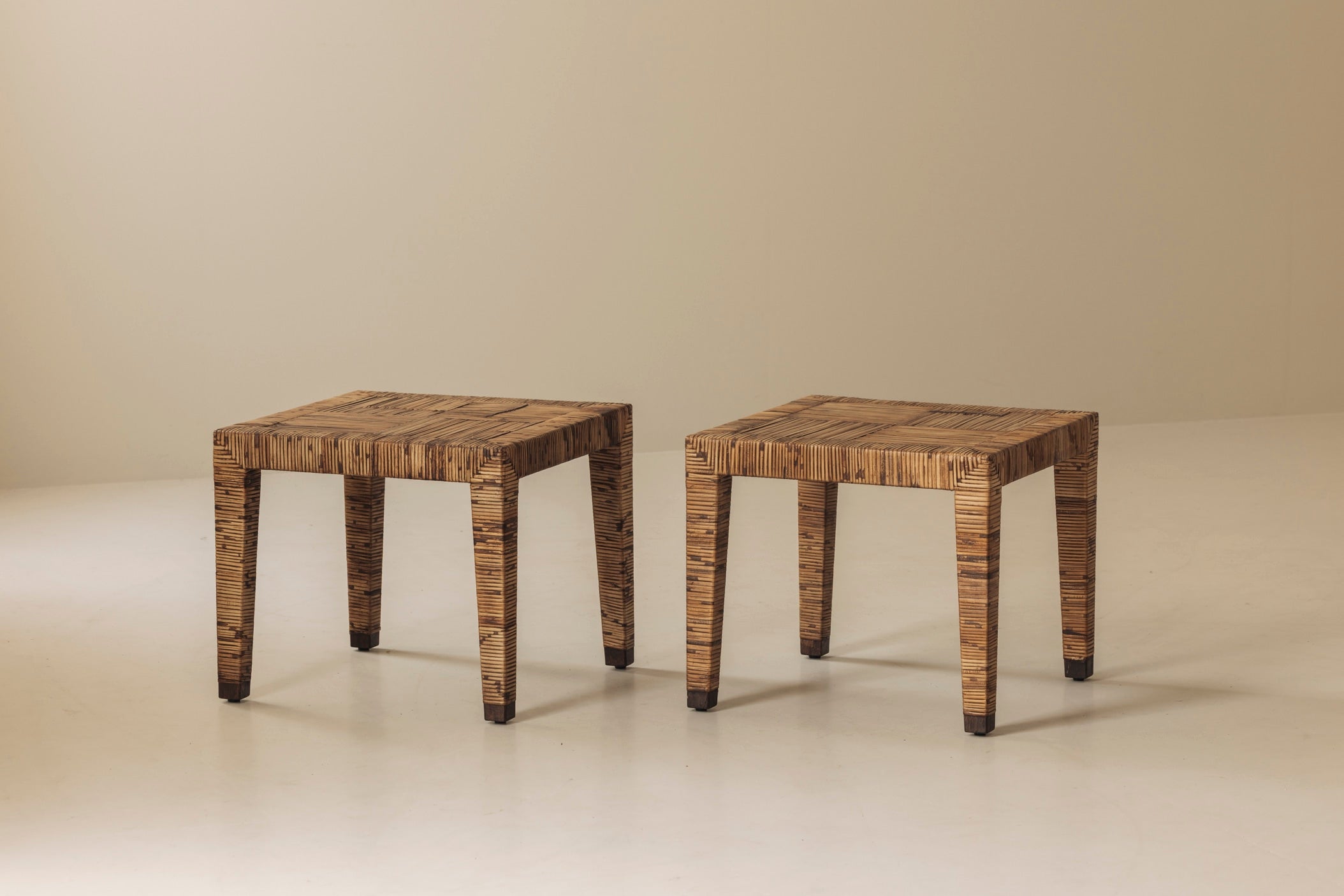 Exceptional French Rattan Wrapped Side Tables, 1970s — Pair — in context