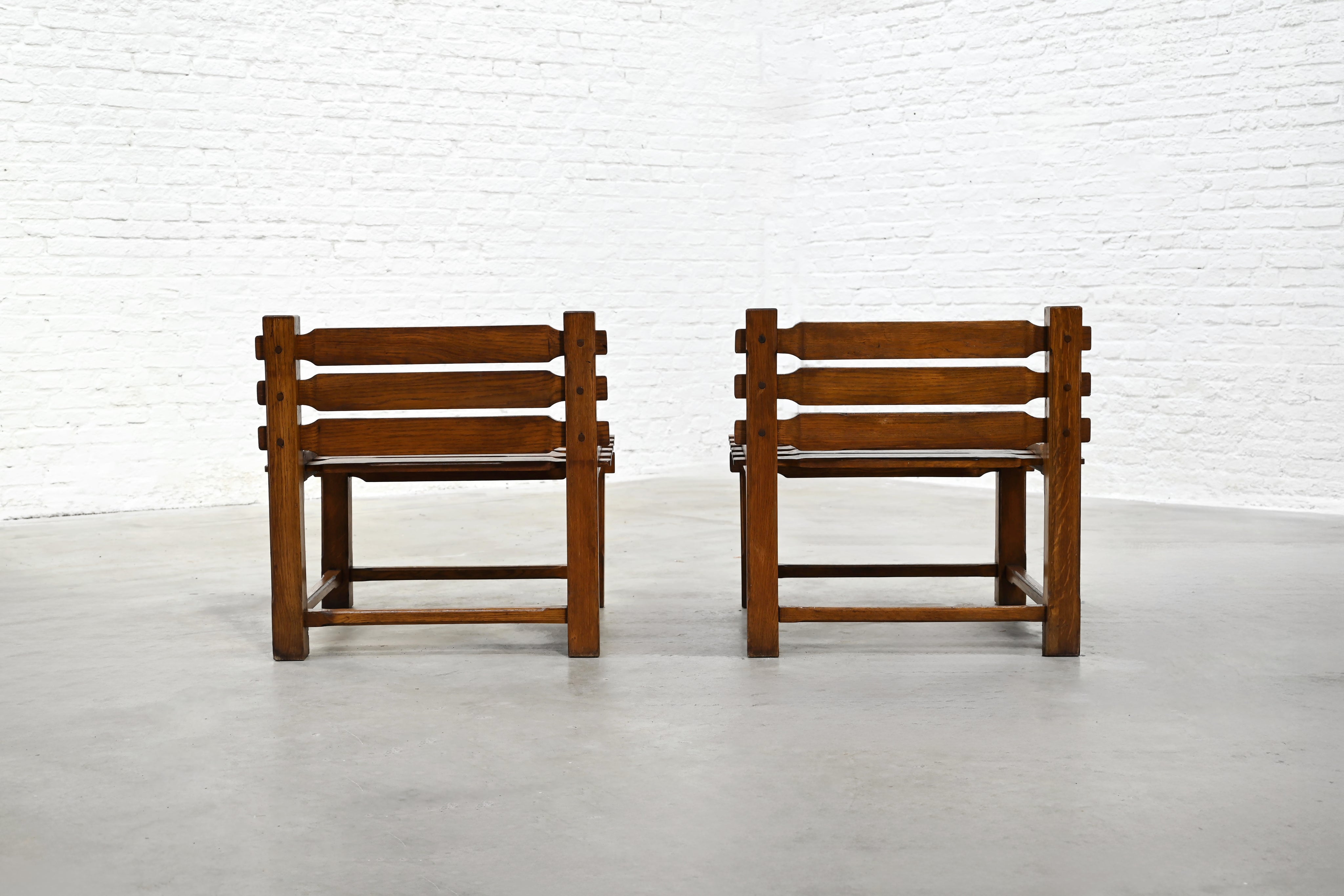 Pair of 1970s brutalist oak side chairs front view