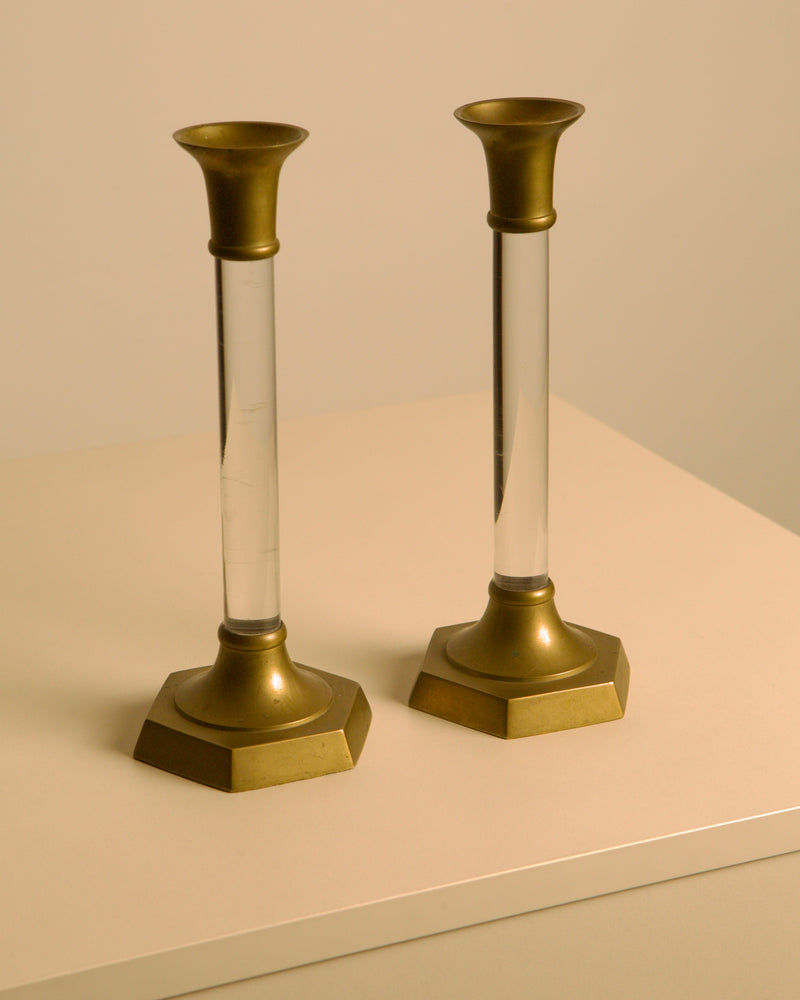 Pair of Italian Brass and Lucite Candlesticks, 1960s by Treaptyque | The Oblist — vintage brass and clear lucite
