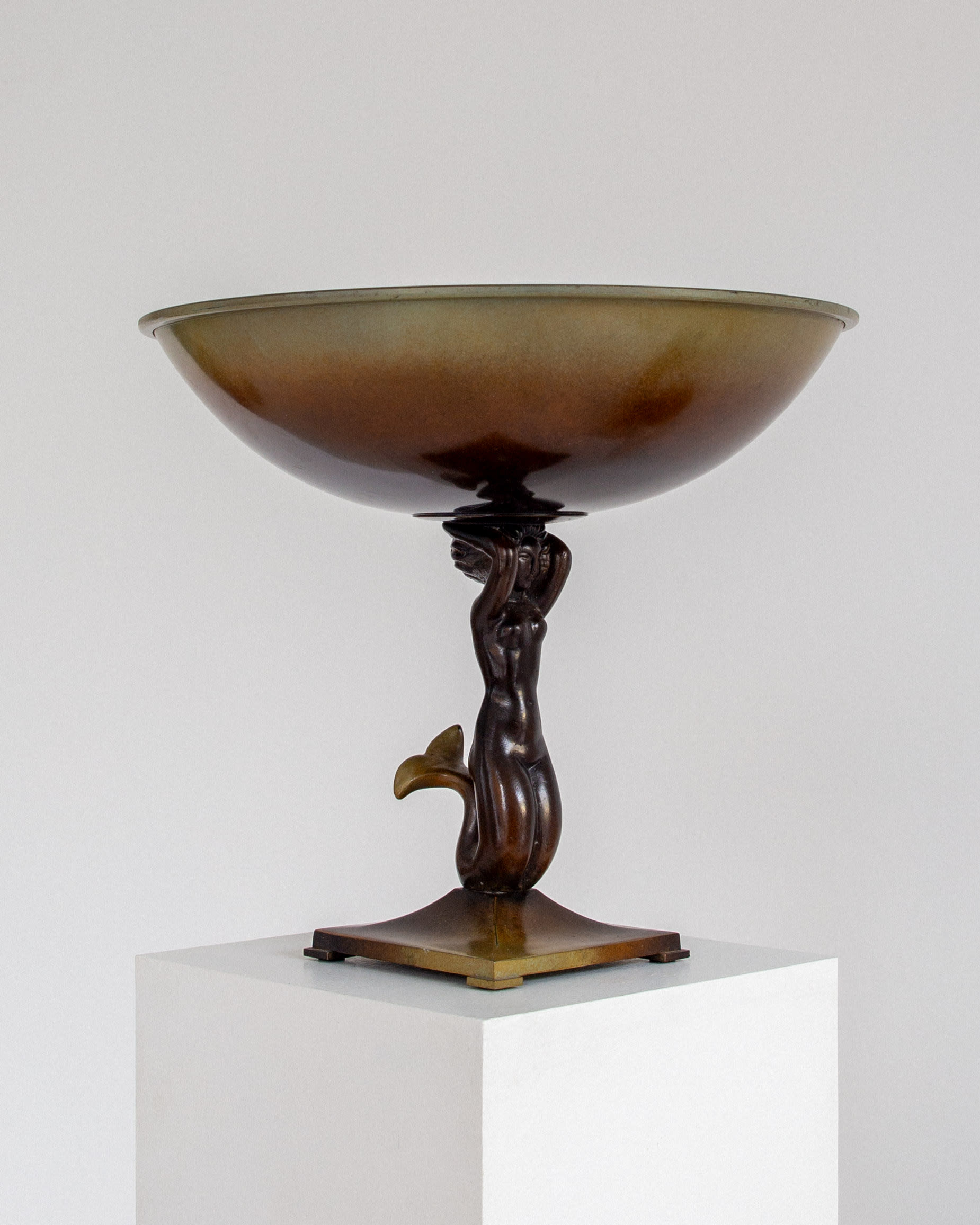 Centerpiece Art Deco Bronze Bowl on Foot with Mermaid