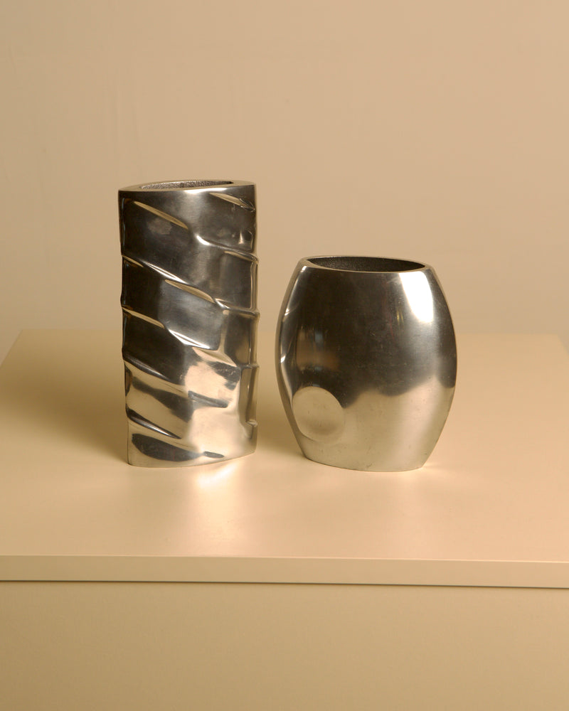 Pair of Italian Cast Aluminum Vases, 1980s by Treaptyque | The Oblist — polished aluminum finish
