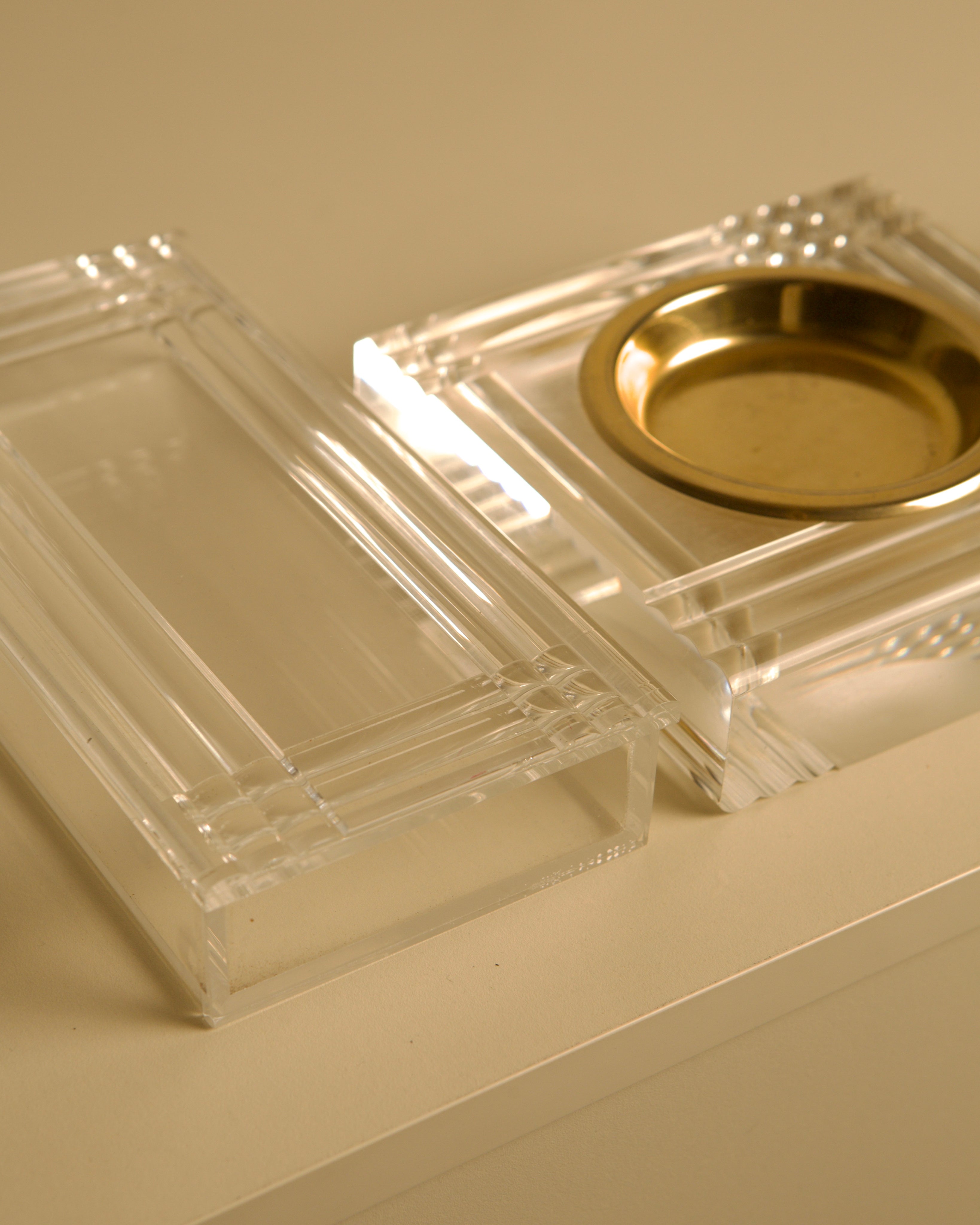 Italian Plexiglass and Brass Smoking Desk Set 70s — side angle showing clear ashtray with brass insert