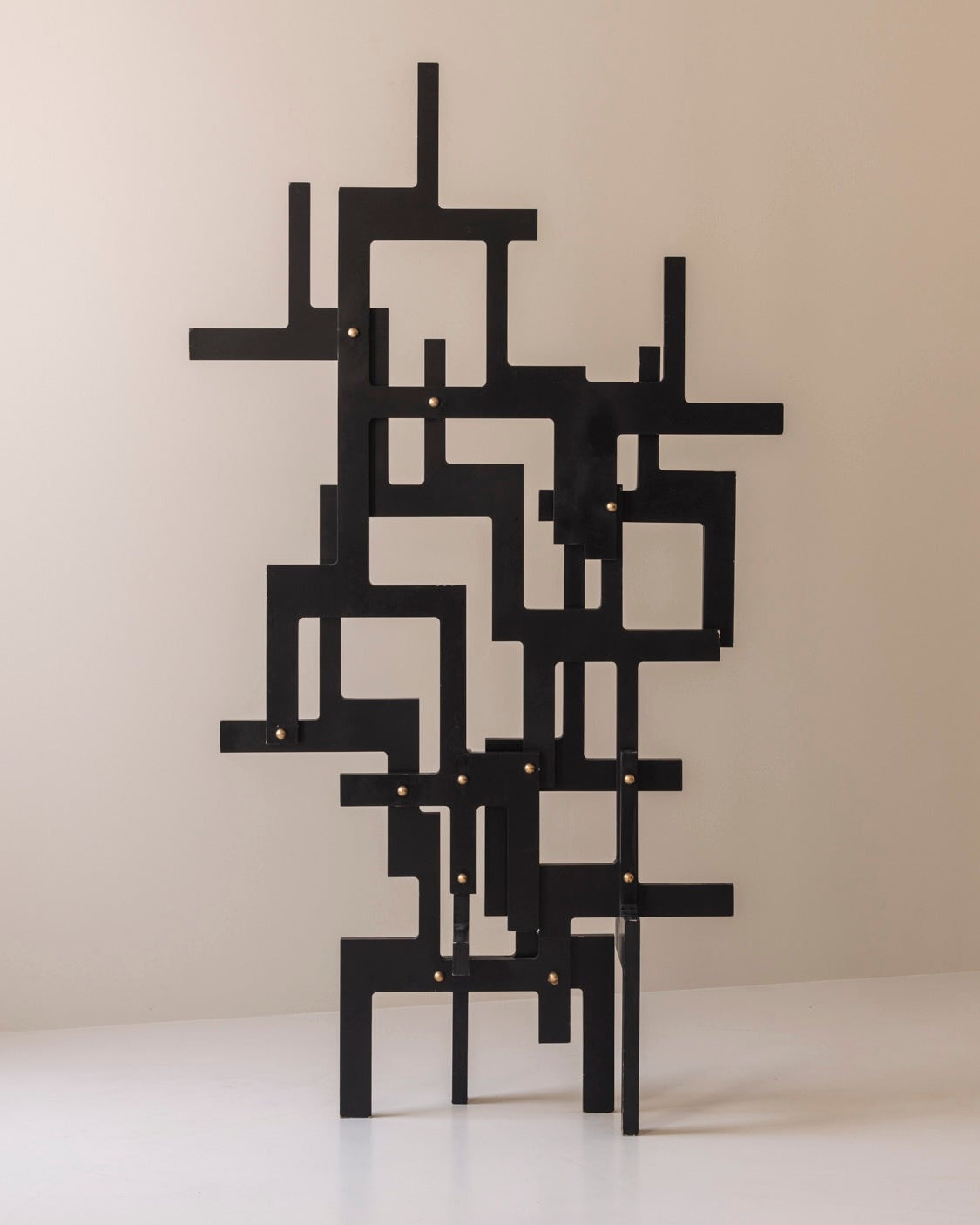 Large geometric abstract sculpture in lacquered wood and brass, France 1990s by Modern Living | The Oblist