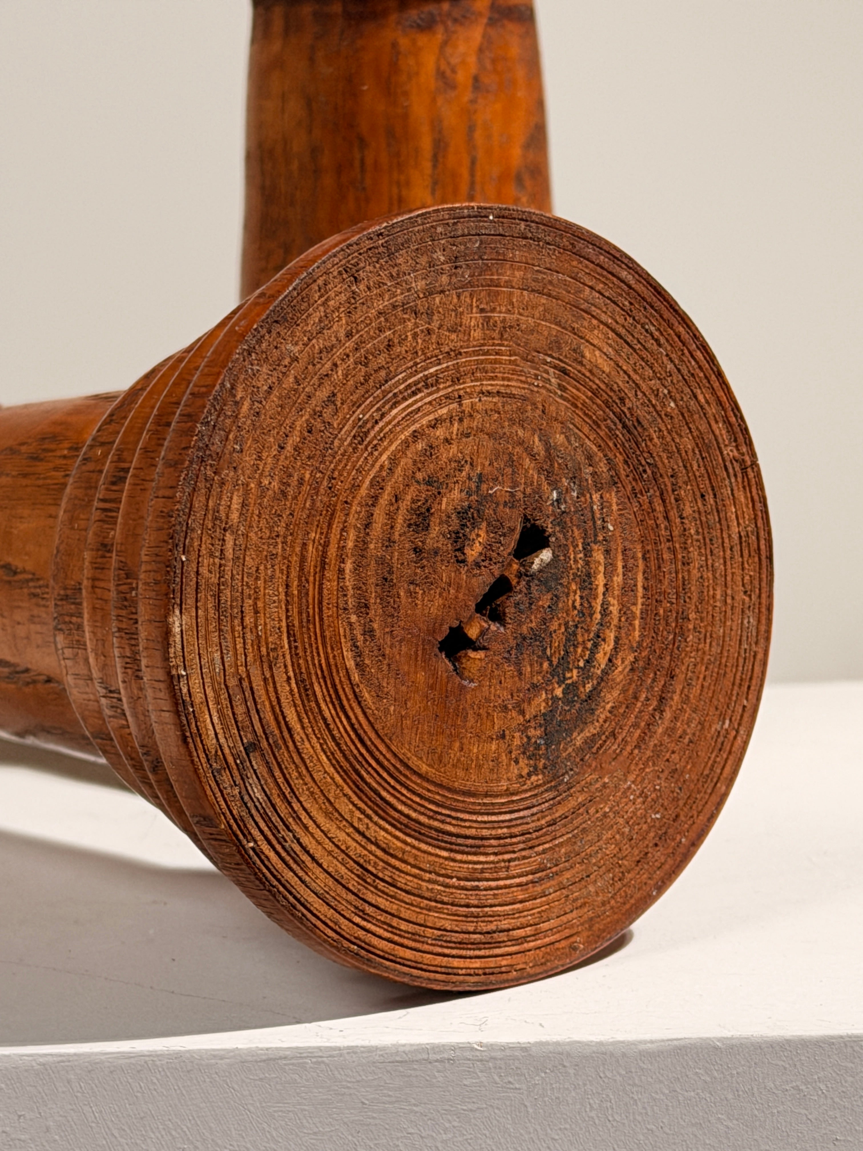 Pair of Brutalist solid wood candlesticks, France, circa 1960 — close-up