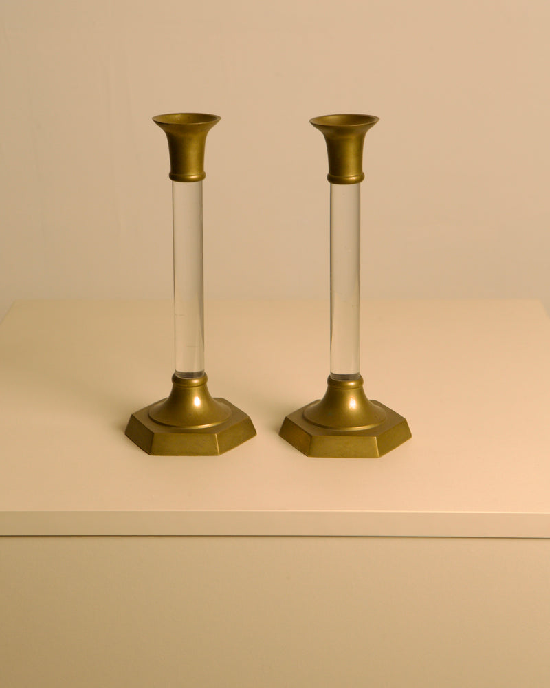 Pair of Italian Brass and Lucite Candlesticks, 1960s — close-up of brass and lucite details