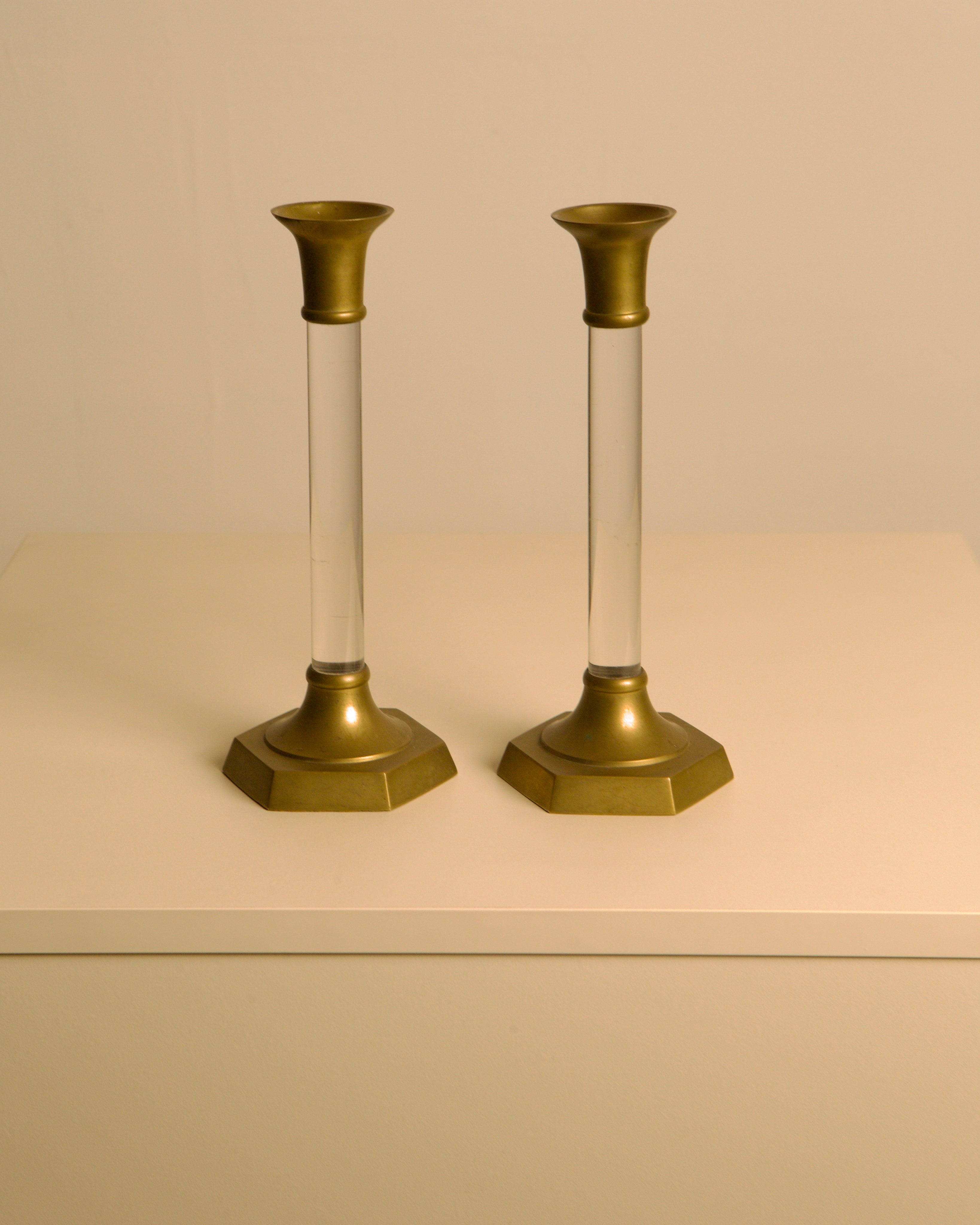 Pair of Italian Brass and Lucite Candlesticks, 1960s — close-up of brass and lucite details