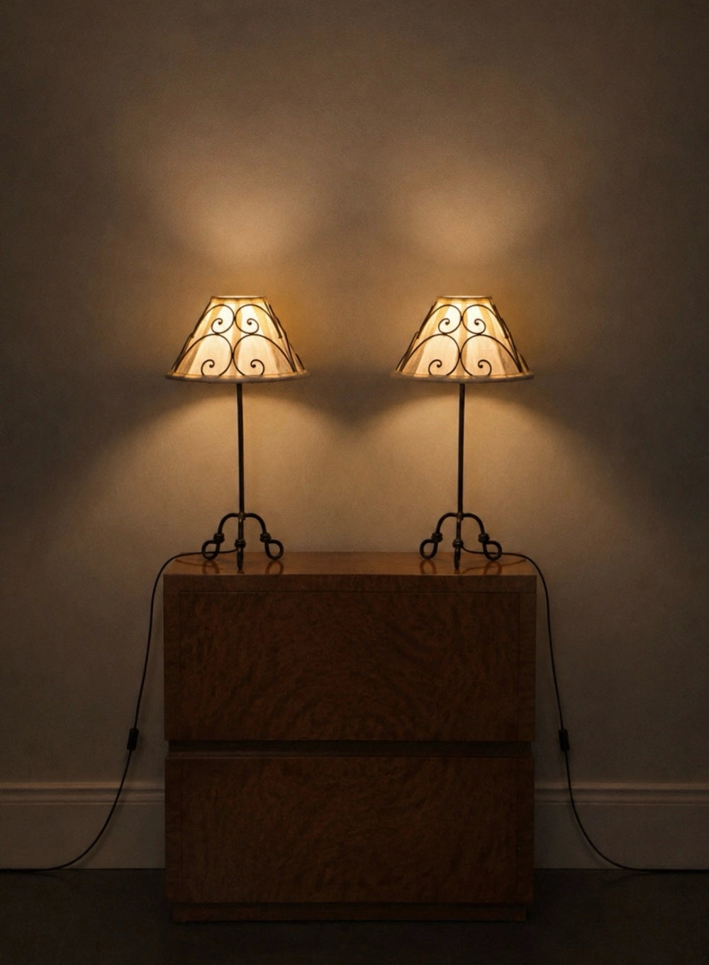 1960s Spanish Vintage Wrought Iron Scroll Table Lamp — close-up