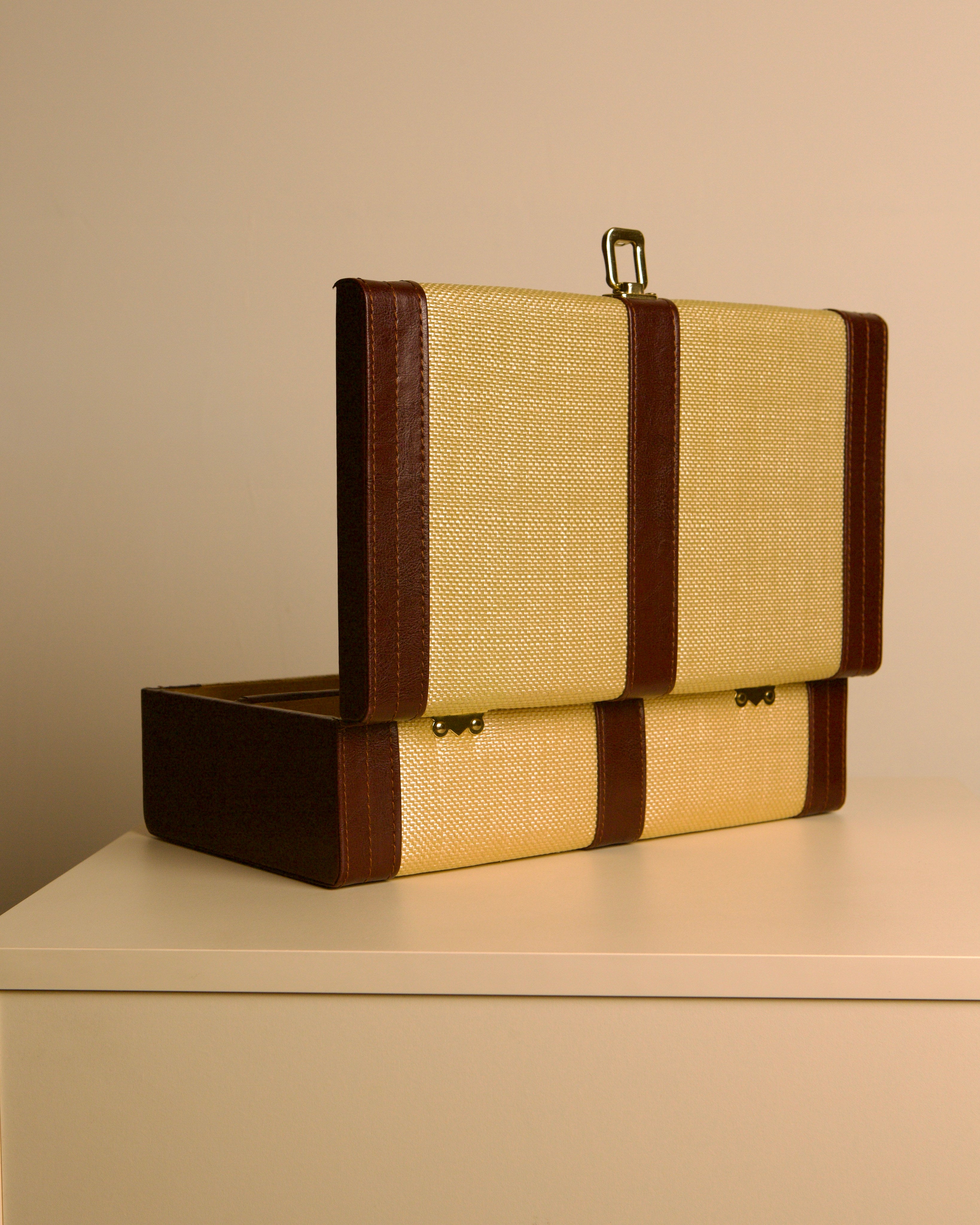 Woven-fabric and leather trunk box, Italy, 1960s — close-up